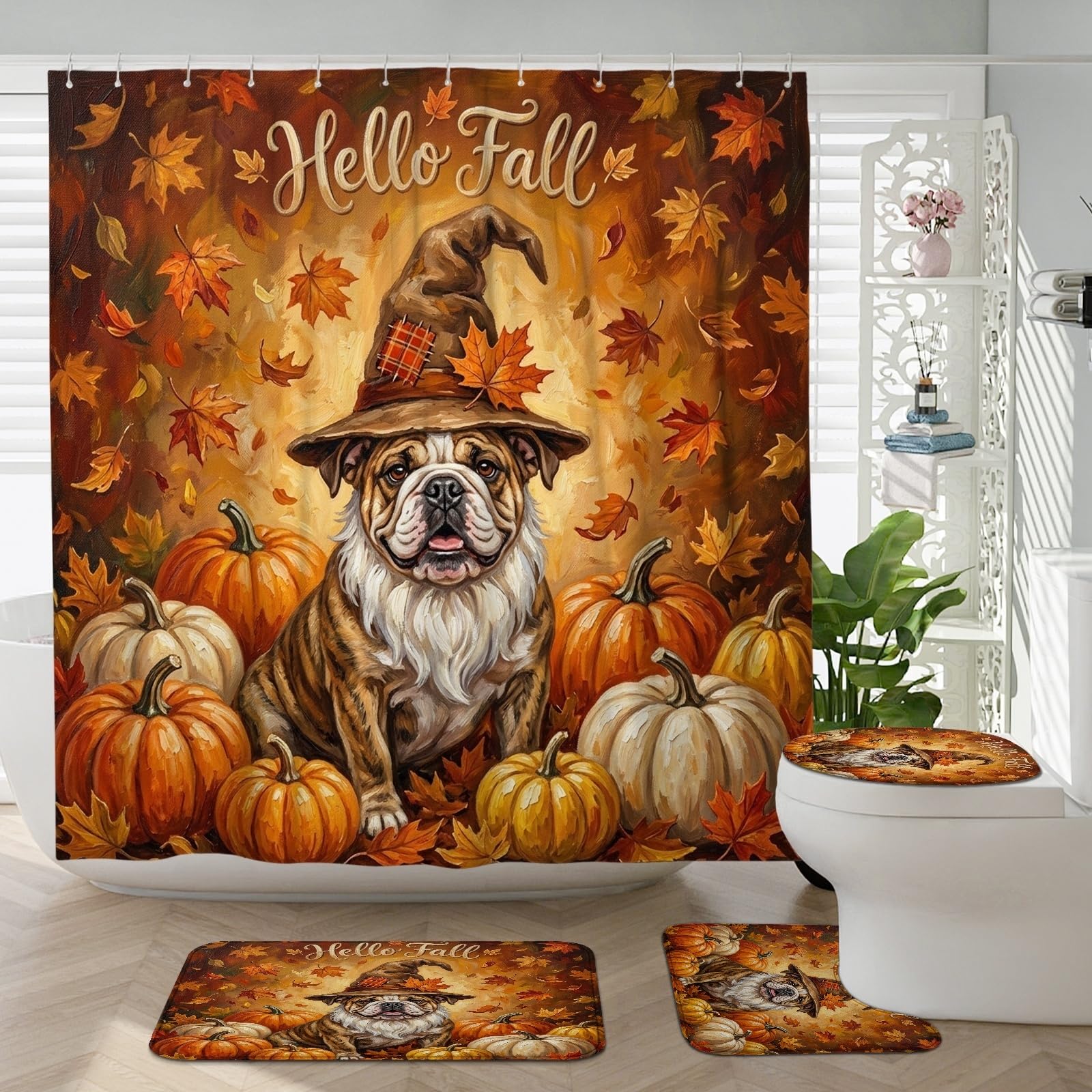 Tapis de bain bouledogue et rideau de douche feuilles d'érable