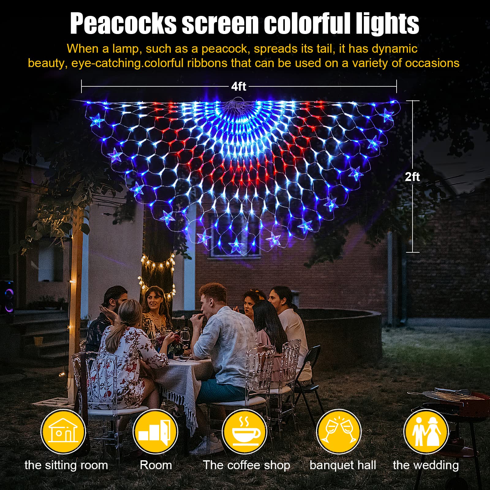 Patriotic American Flag String Lights - 250 LED Half Fan Outdoor Decor