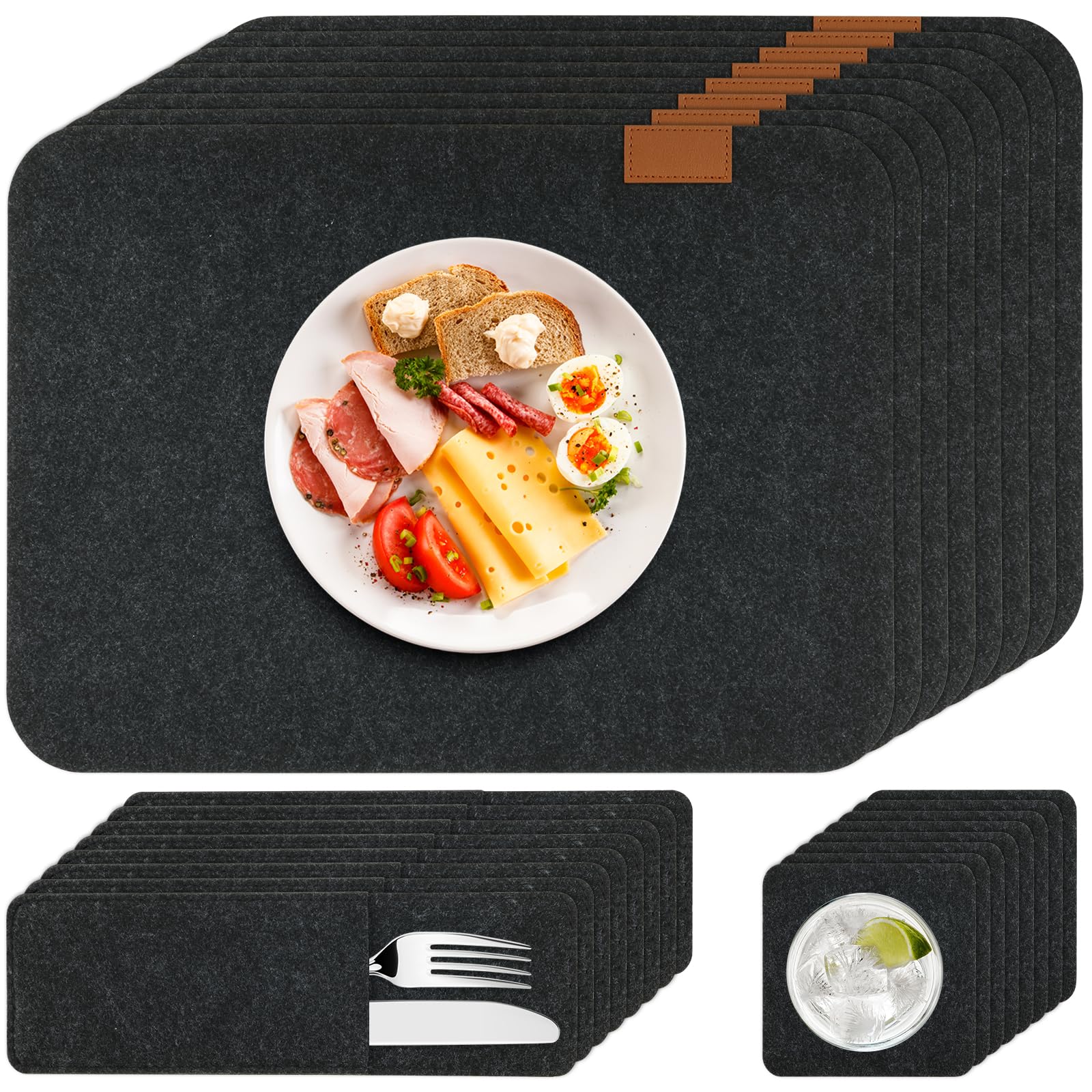 Placemats and Coasters Set of 8, Washable Heat-Resistant Felt Place Mats with Coasters and Cutlery Bags, 41x 30cm Non-Slip Dining Table Mats for Kitchen Party Dining Table