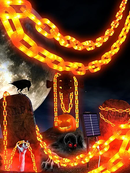 Solar Halloween Decorations Outdoor String Lights - 10 Ft 160 LED Plastic Chain String Lights with Waterproof, 8 Lighting Modes and Timer Function US Patent Product (Orange)