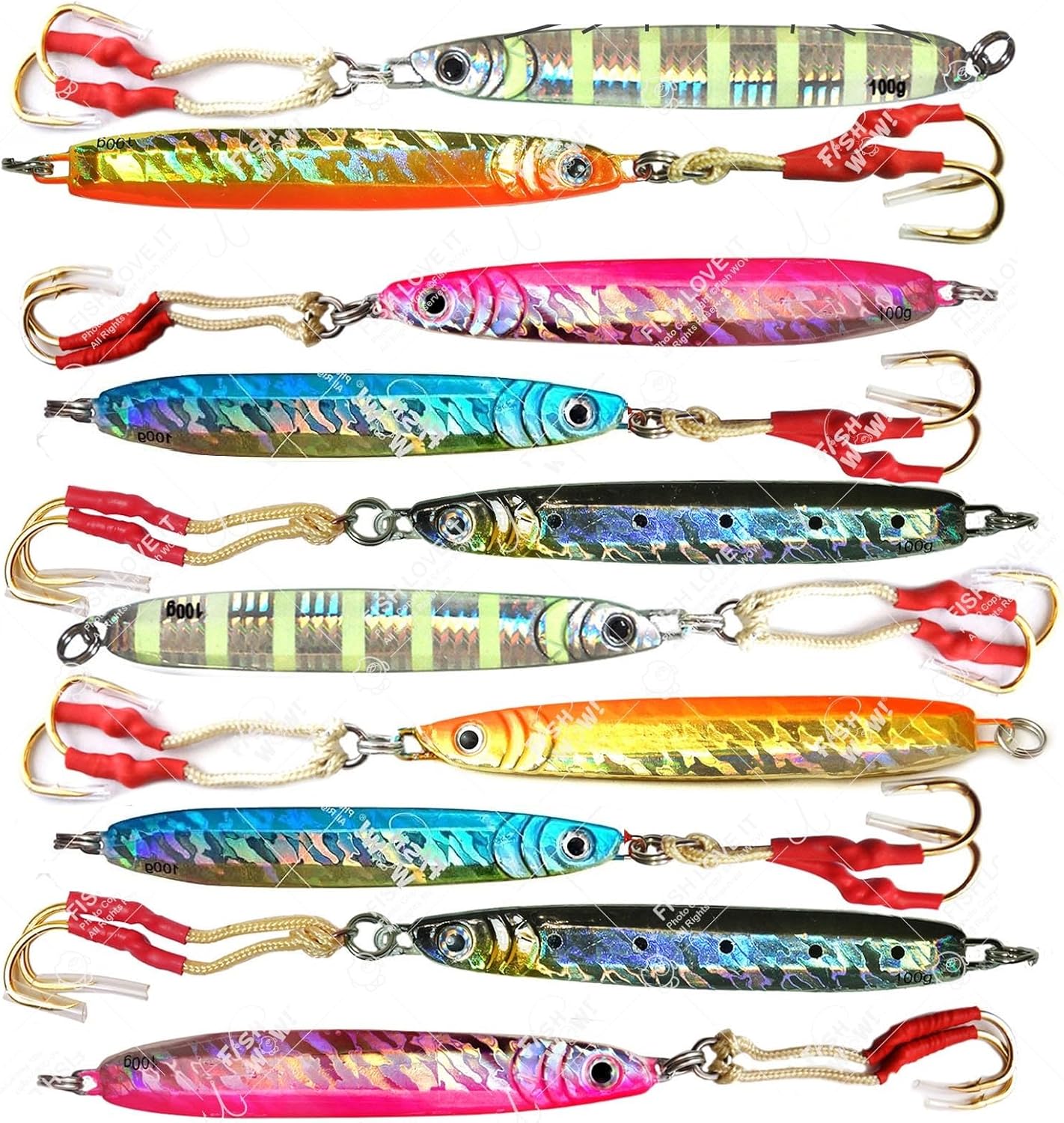 10pcs 100g Fishing Metal Vertical Trolling jig 3.5oz Knife Jig with Two Assist Hooks 5 Colors…