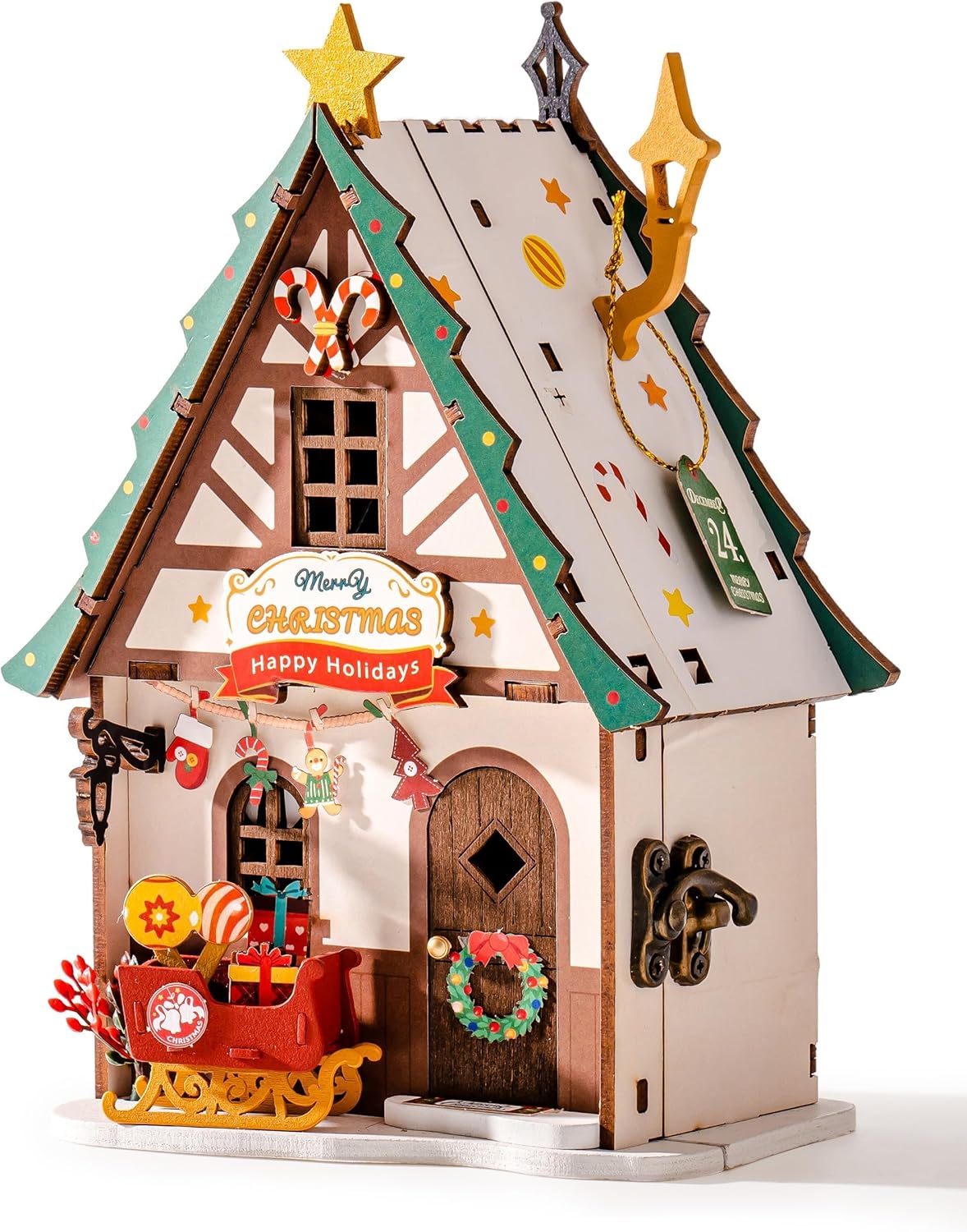 Rolife Miniature House Kit, DIY Miniature Wooden Dollhouse Kit for Adults to Build, Collectible 3D Wooden Puzzle Building Home Decor, Christmas Birthday Gift for Kids Teens-Twinkling Christmas House