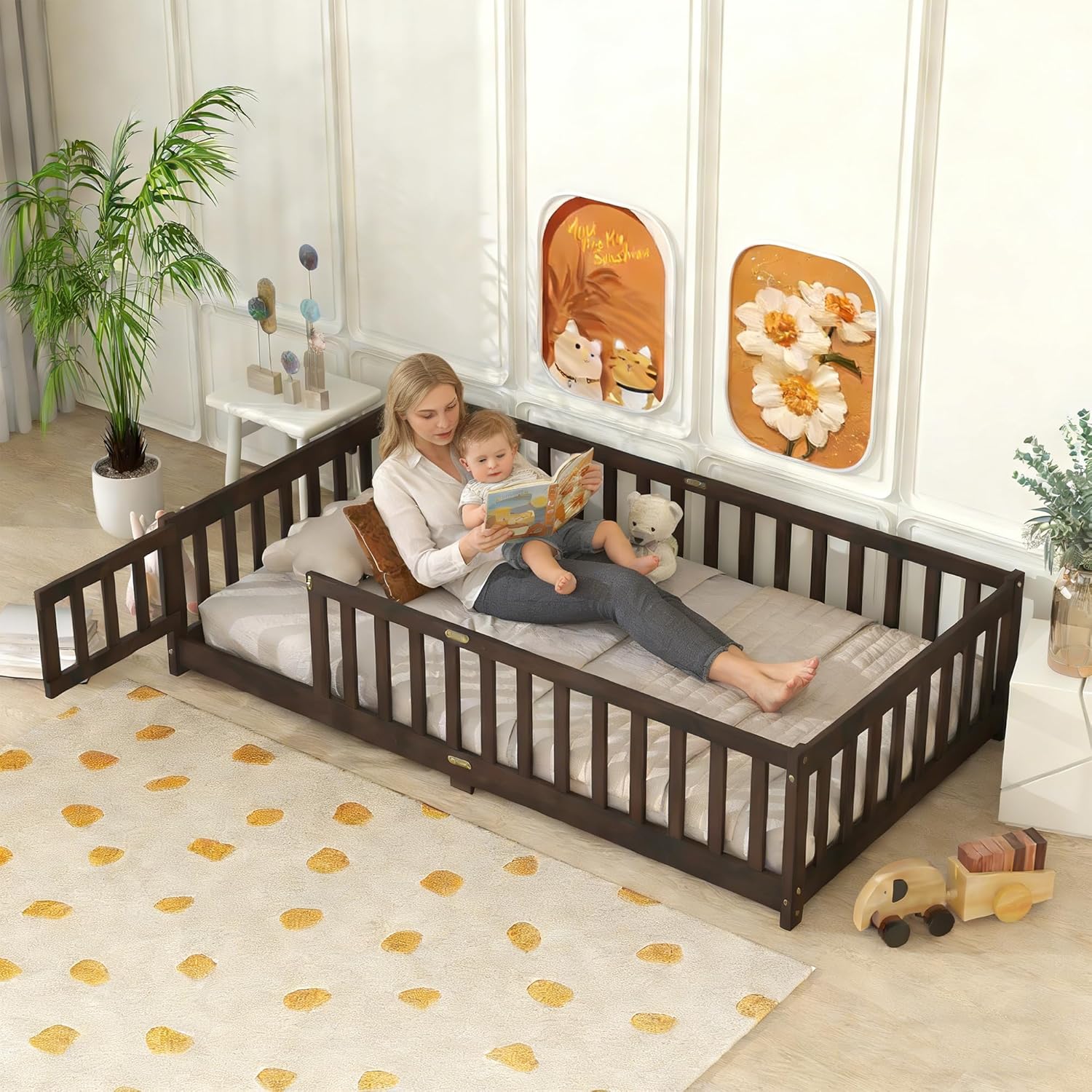 Twin Size Floor Bed with Slats and Door,Montessori Floor Bed Frame with High Rails,Twin Wood Kids Beds with Fence,No Box Spring Needed,Espresso