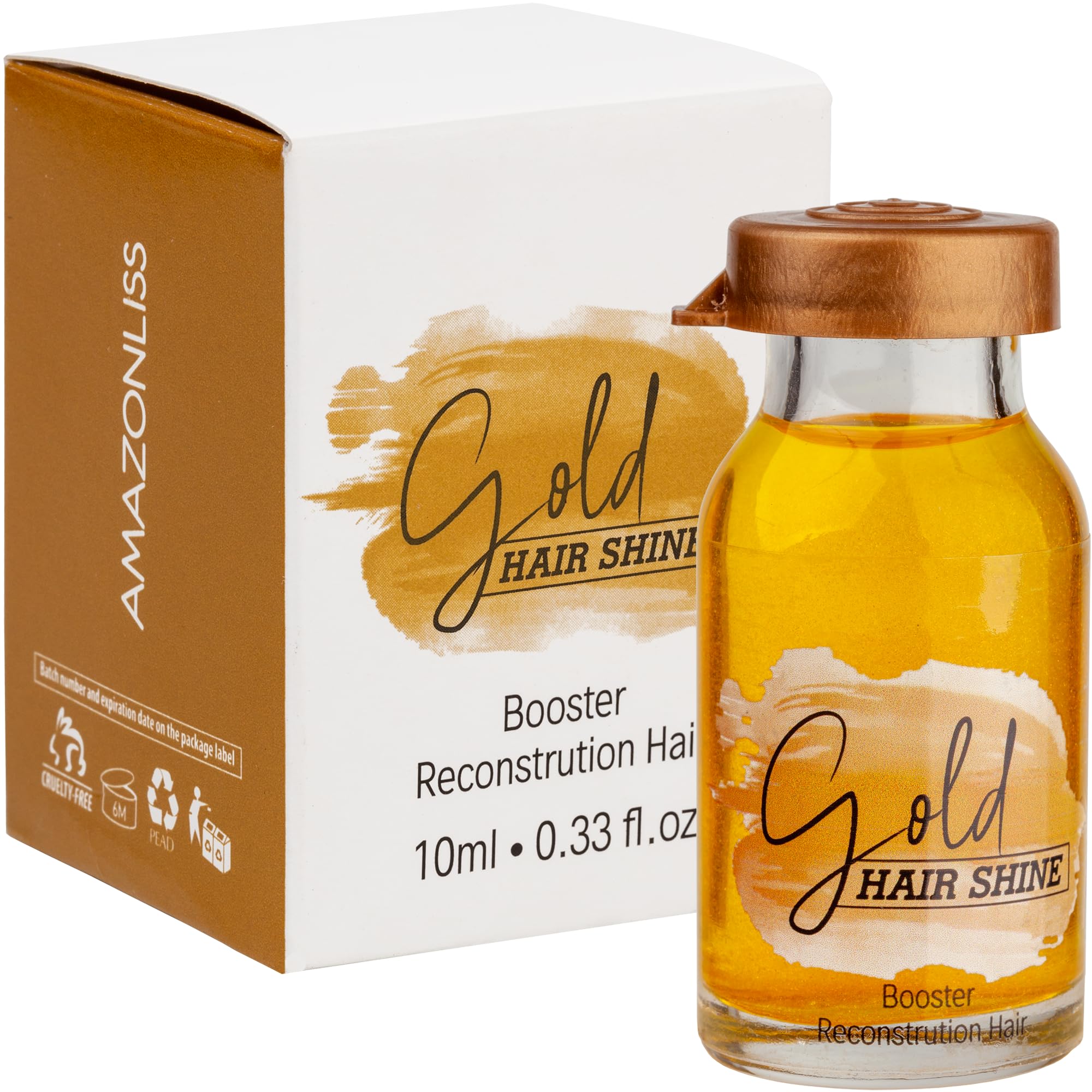 Nutree Professional Gold Hair Shine Ampoule Booster Reconstruction Treatment with Shea Butter and Amino Acids – Deep Conditioning Serum for Smooth Soft and Shiny Hair – 0.33 fl oz