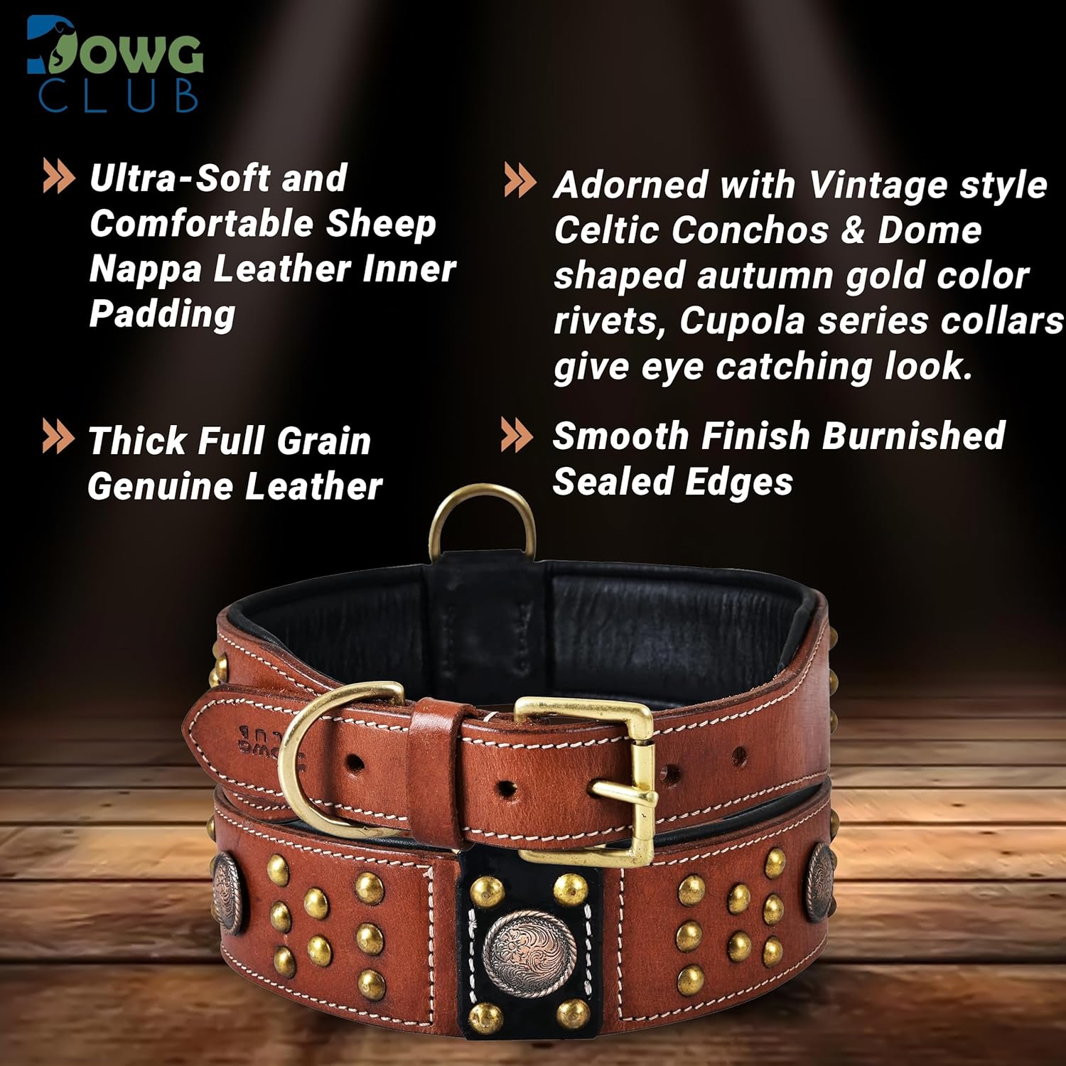 Genuine Leather ‘Cupola’ Series Dog Collar | Celtic Conchos & Gold Dome Rivets | Soft, Cushion Padding, Handmade | Best for Medium, Large, XL Breeds (L (Neck Size 18.5"-22.5"), Sienna Brown)