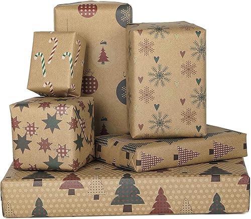 MAYPLUSS Hoja de papel kraft para envolver  Plegada plana  6 diseños diferentes de Navidad (45.2 pies cuadrados TTL.)  27.5 pulgadas x 39.4 pulgadas