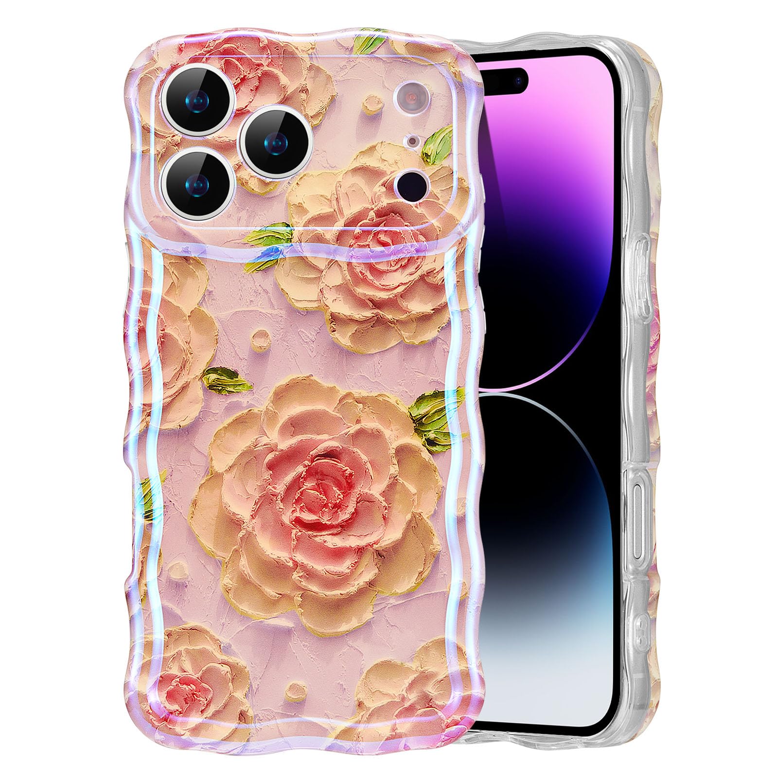 EYZUTAK Case for iPhone 15, Colorful Retro Oil Painting Flower Laser Beam Glossy Pattern Cute Curly Waves Border Exquisite Phone Cover Stylish Durable Soft TPU Protective Case for Girls Women - Green — view 59
