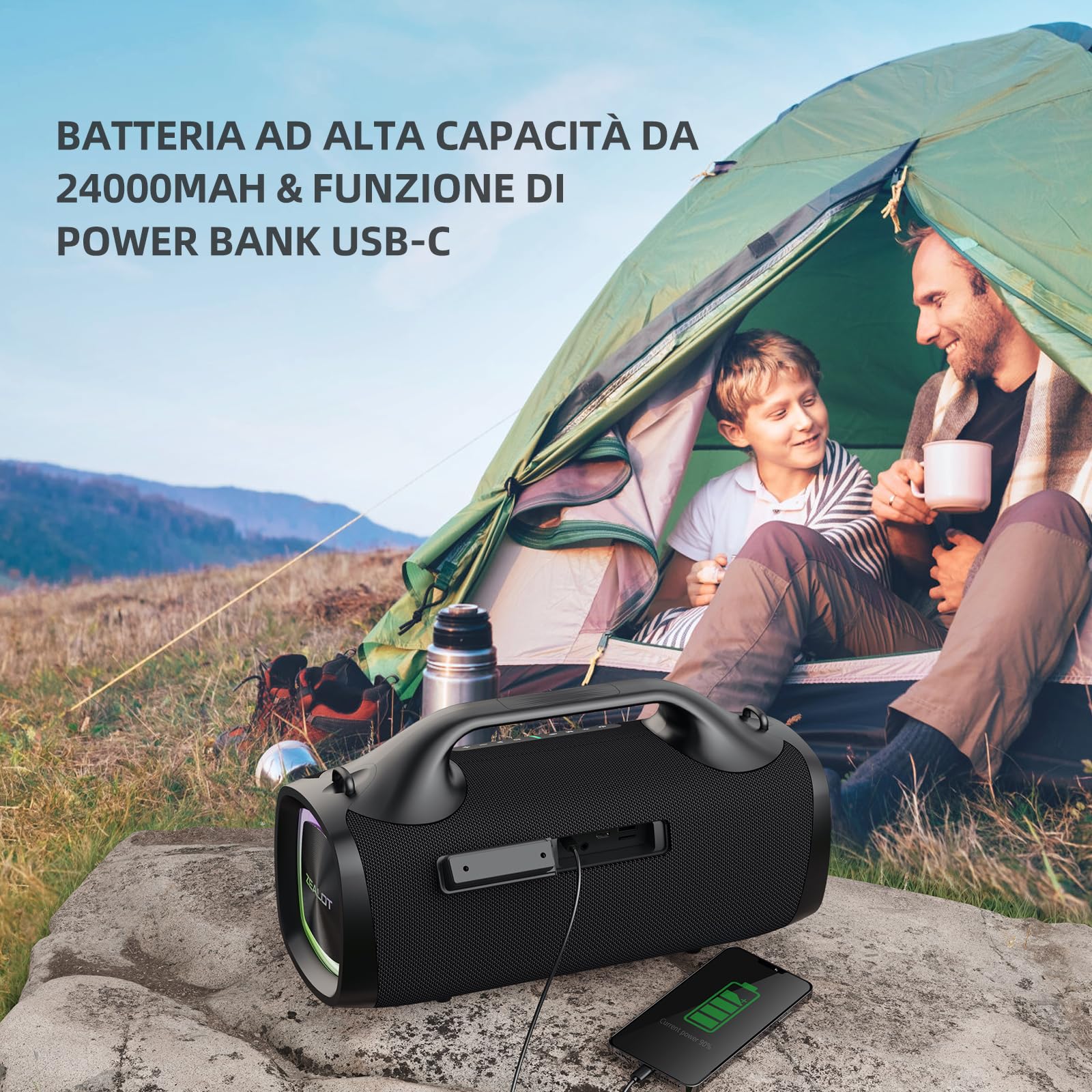 ZEALOT Cassa Bluetooth,100W Altoparlante Wireless,Bluetooth 5.3,Luce LED,USB-C,Impermeabile IPX6,supporto Micro SD,USB,AUX,per il campeggio,la spiaggia e le feste