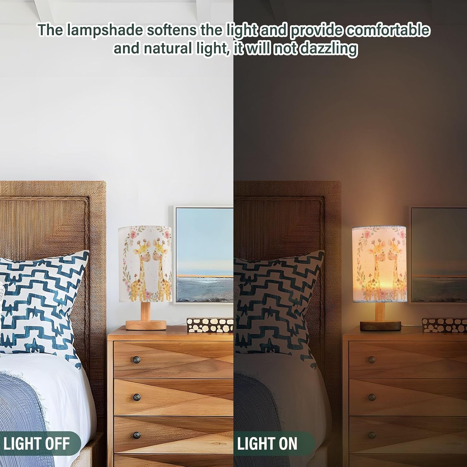 Fustylead Cute Pink Floral Yellow Giraffes Bedside Table Lamps with USB Port for Bedroom Lamp Accent Table Lamp Small Nightstand Lamp Sturdy Linen Shade Wooden Decorative Lamps for Home|Kids|Holiday image 3
