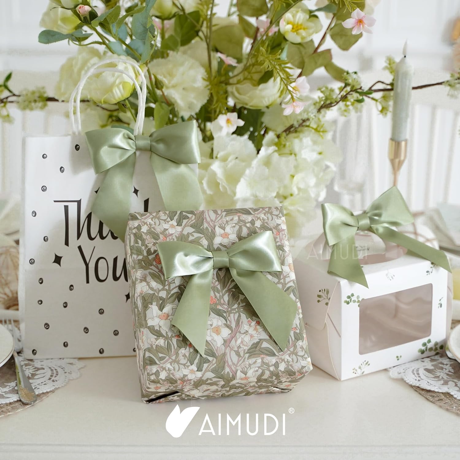 AIMUDI Sage Green Satin Bows 5.5" Bows for Gift Wrapping Satin Twist Tie Bows Premade Ribbon Bows for Treat Bags Invitations Baskets Wreaths Crafts Wedding Birthday Baby Shower Decorations, 24 PCs - Image 3