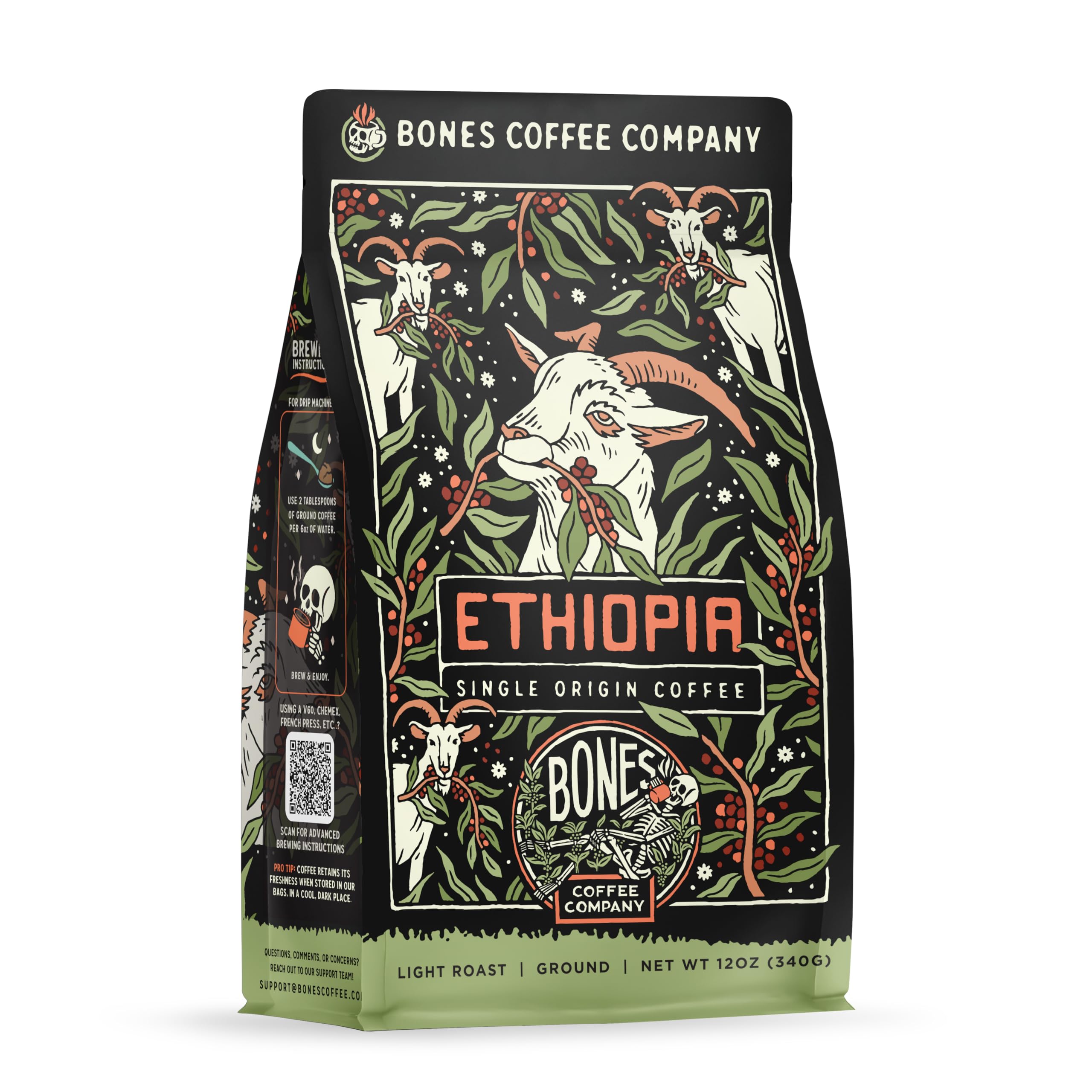 Bones Coffee Company Ethiopia Single-Origin, Citrus, Floral and Berries Notes, Ground Coffee Beans, Low Acid Light Roast Arabica Beans Flavored Coffee, 12 oz Ground