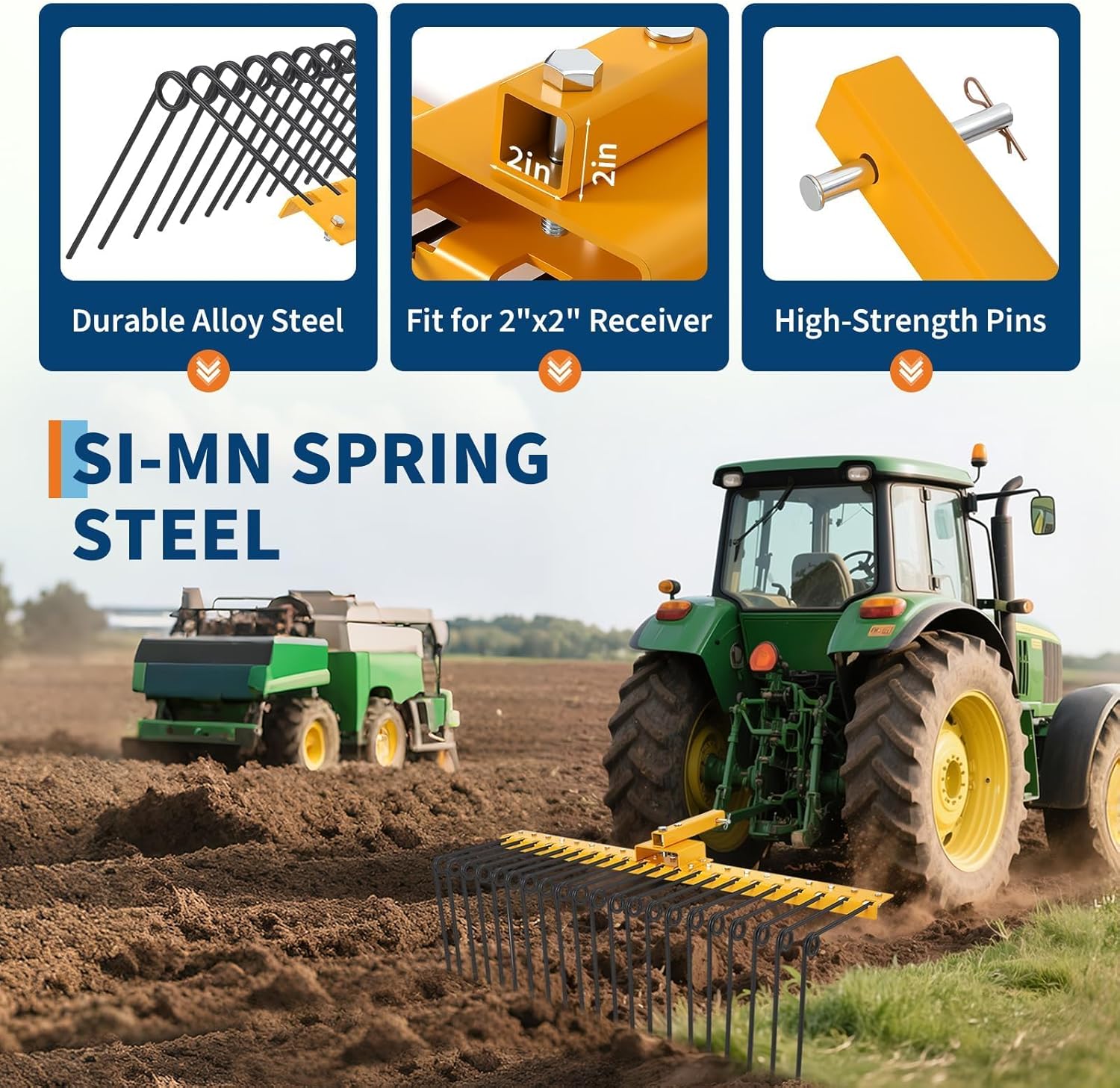60 in Pine Straw Rake Fits 2" Receiver for ATV, UTV & Lawn Tractor, Heavy Duty Tow Behind Landscape Rake with 21 Powder-Coated Tines for Leaves, Pine Needles, and Grass, Black & Yellow