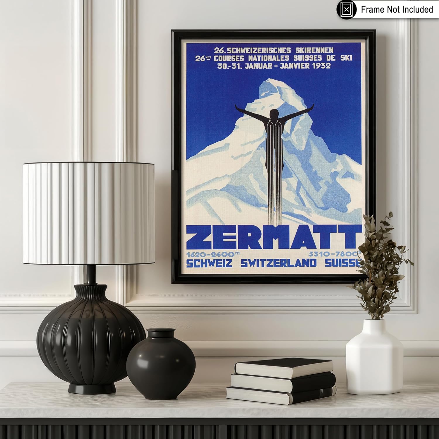 Poster Master Vintage Travel Poster - Retro Zermatt Print - Ski Silhouette Art - Switzerland Art - Gift for Men, Women, Travel Lover - Decor for Bedroom, Living Room, Office - 8x10 UNFRAMED Wall Art