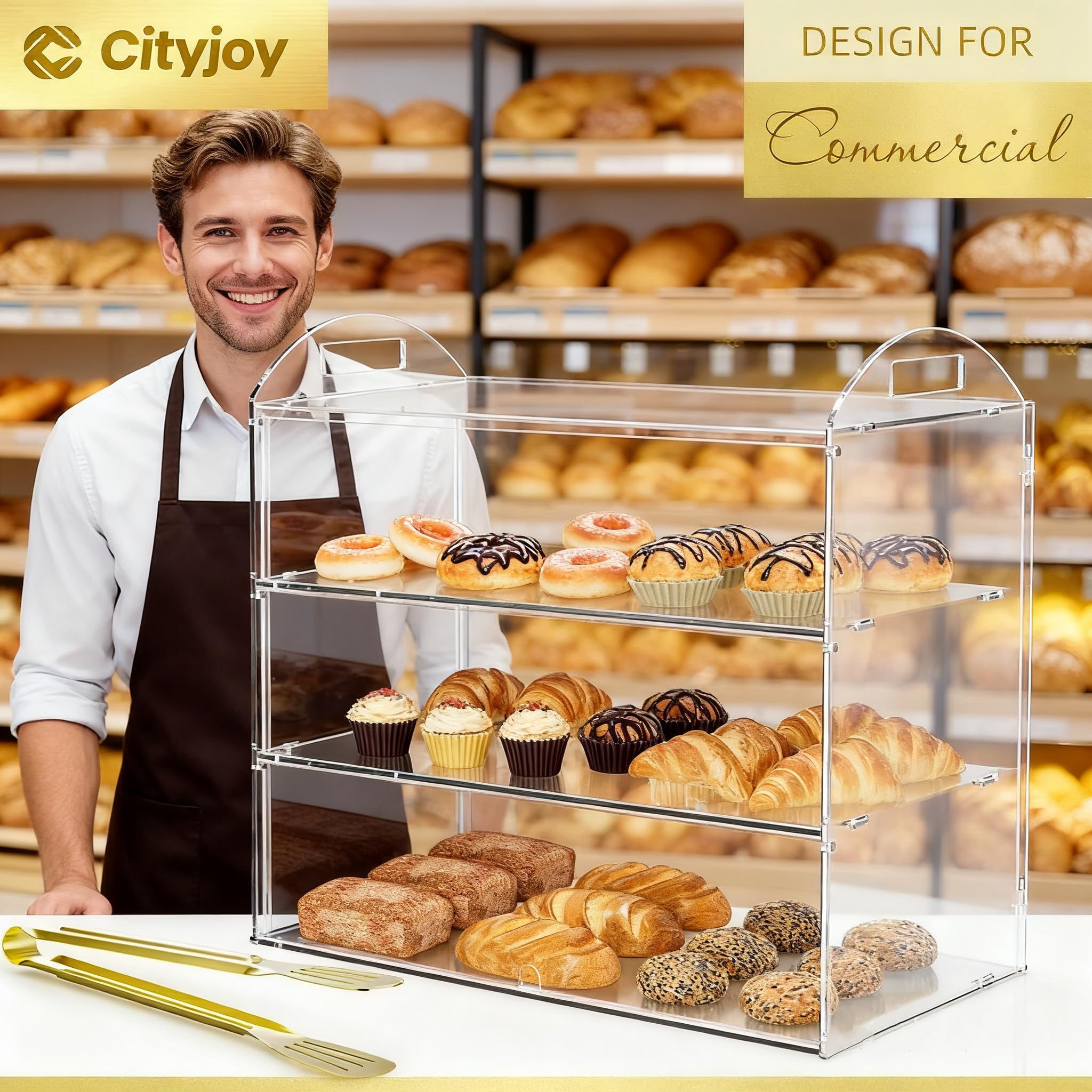 Vetrina commerciale a 3 livelli con manico, 49,5 x 38 x 26 cm, vetrina per pasticceria da banco per pane, dessert, biscotti