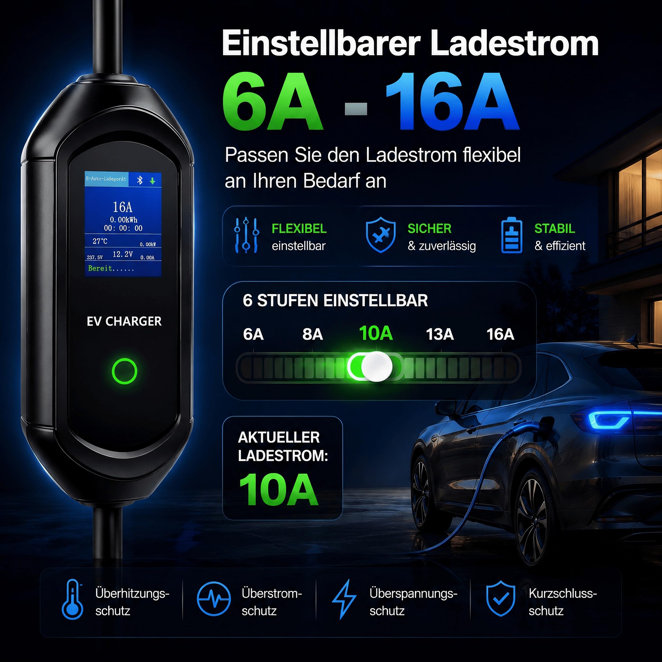 Mobile Wallbox 11kW mit App-Steuerung, Mobile Ladestation [7m | 3-phasig | 6–16A] mit Einstellbarer Ladeleistung, IP65 Wasserdicht, Ladekabel CEE 16A auf Typ 2 für BEV & PHEV