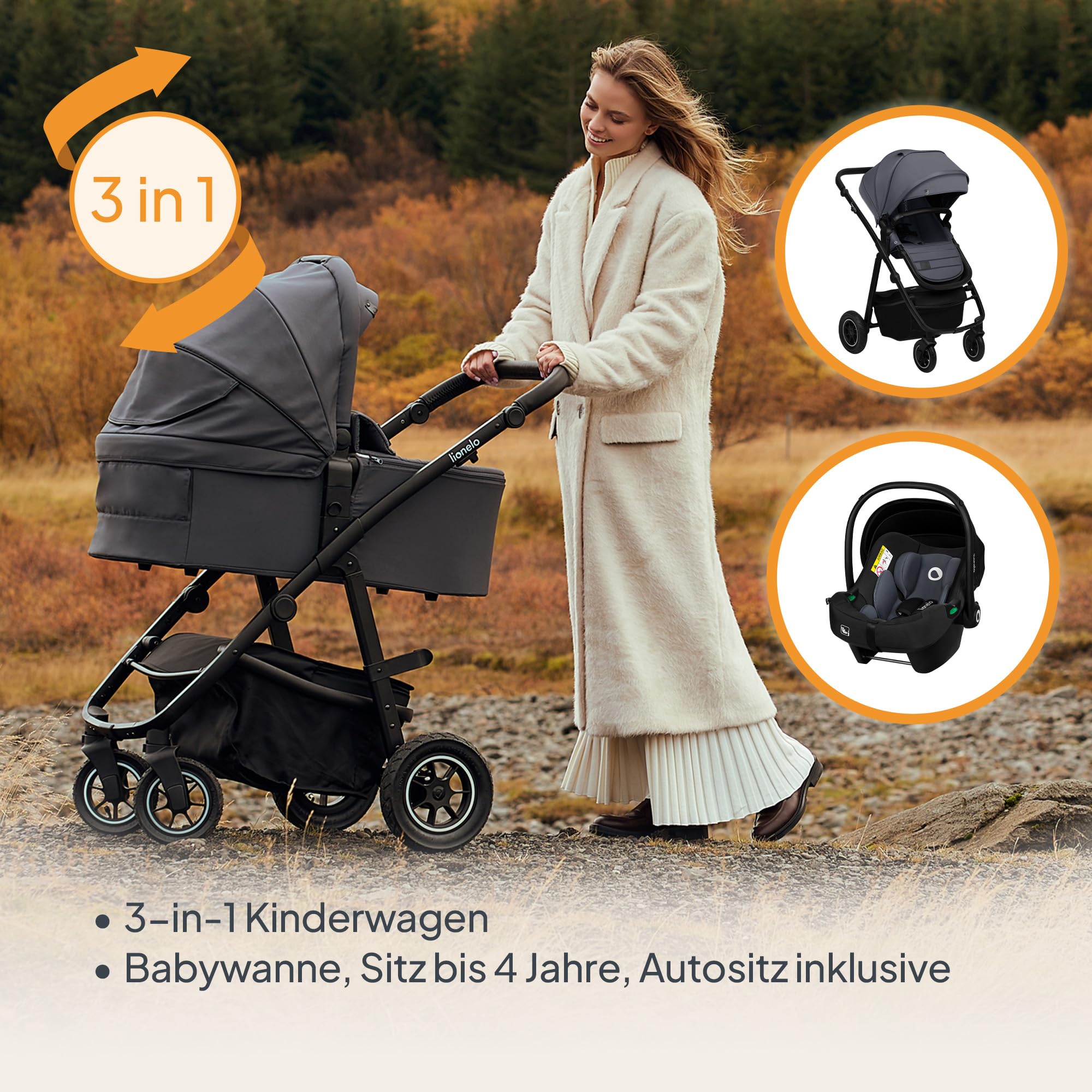 LIONELO AMBER PLUS 3-in-1 Multifunktionaler Kinderwagen von 0 bis 4 Jahren bis 22 kg mit XL-Babywanne, Kindersitz bis 13 kg, verstellbare Rückenlehne, große 360o Geländeräder, XXL-Verdeck