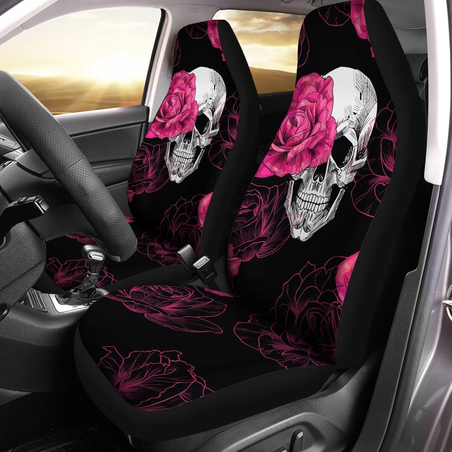 Howilath Pink Rose Skull Floral Pattern High Back Front Seat Covers for Women Men, 2pcs Car Accessories Seat Covers