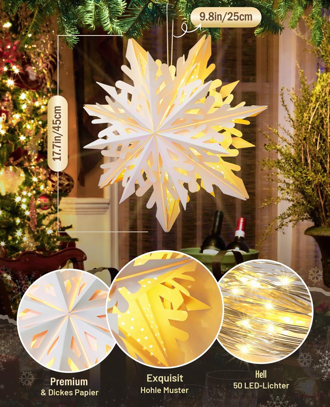 Luxspire Papiersterne zum Aufhängen, 45cm Papiersterne Weihnachten mit Lichterkette Fernbedienung, 5 Pack faltbare Papierstern mit Beleuchtung für Weihnachten Urlaub