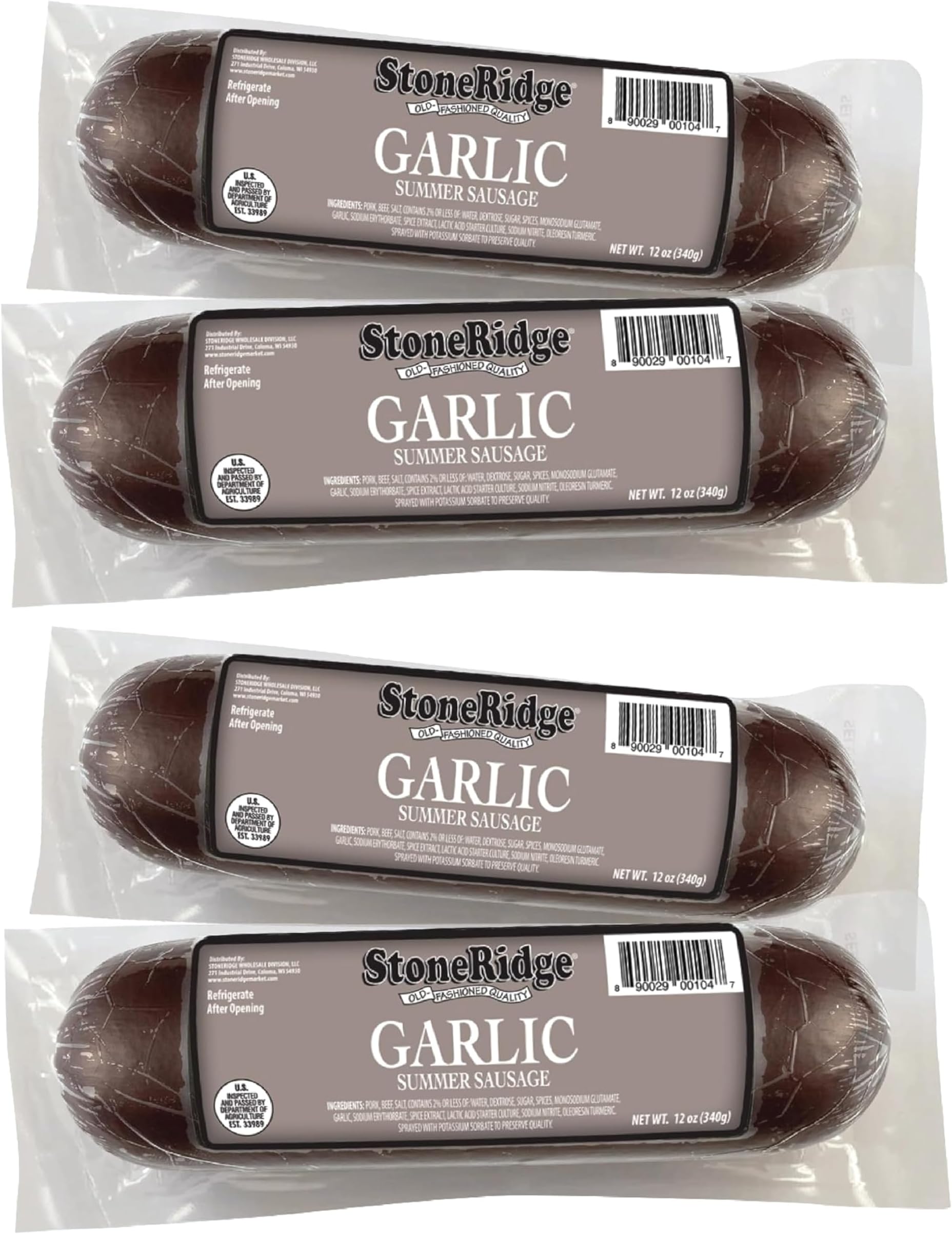 StoneRidge Old Fashioned Summer Sausage, GARLIC, 12 oz, 4 Pack