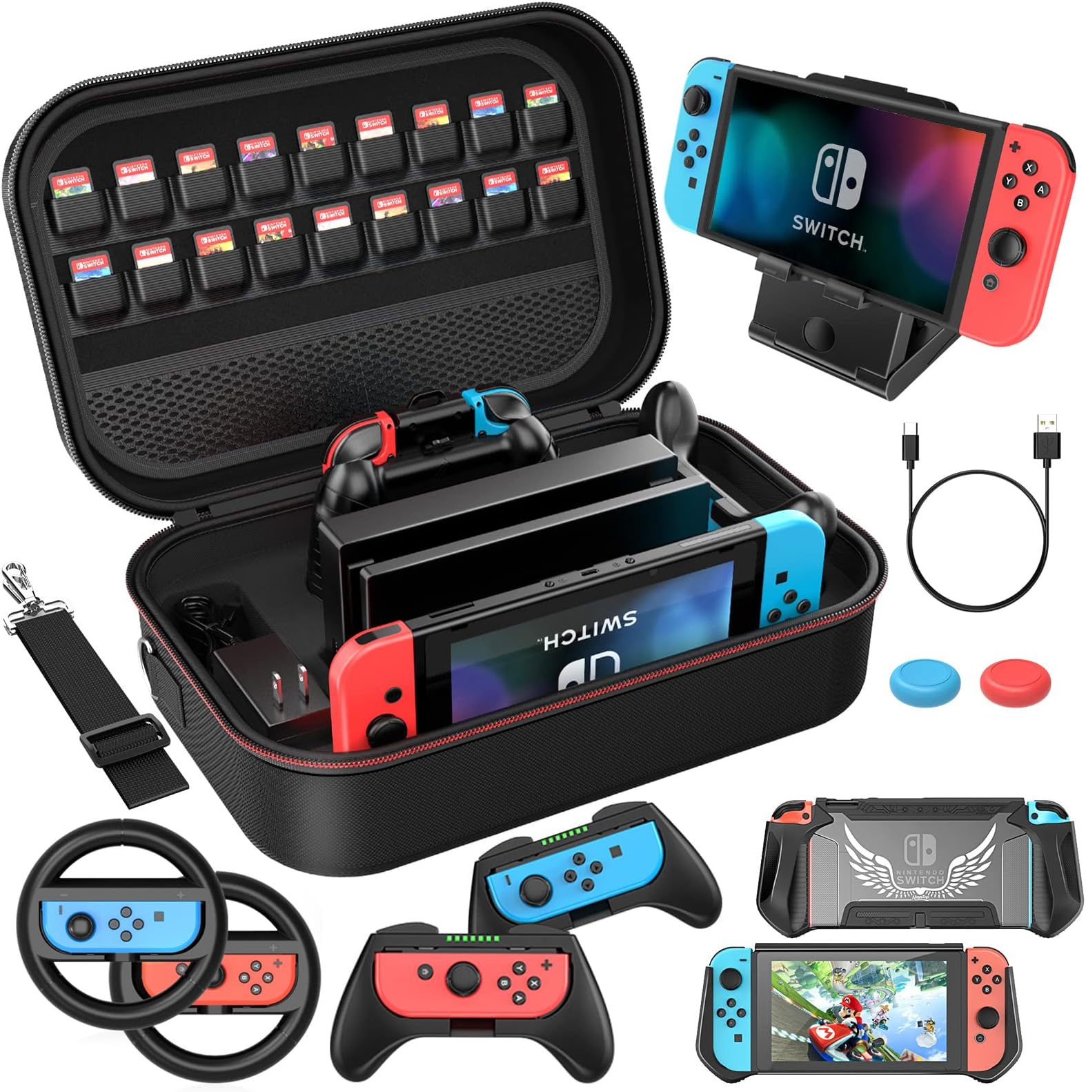 HEYSTOP Switch Accessories Bundle 12 in 1 Compatible with Nintendo Switch, Gift Kit with Carrying Case, Protective Case Cover, Screen Protector, PlayStand, Joycon Grip & More (Black)