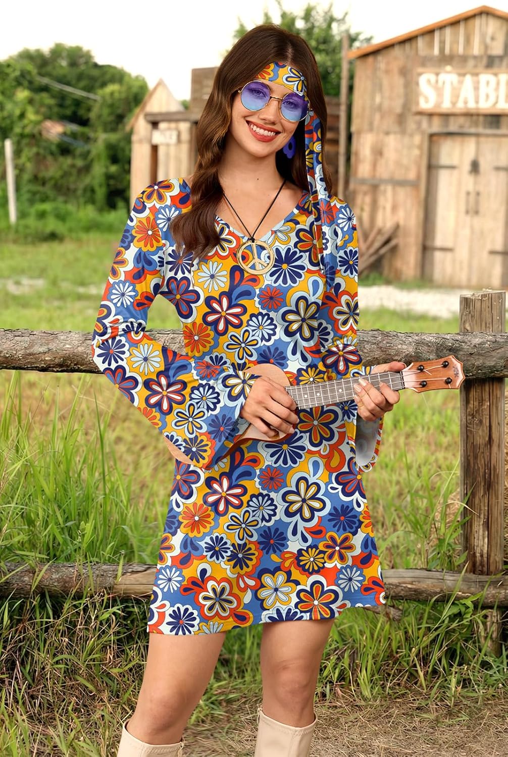 For G and PL 女性用 5ピース ハロウィン 70年代 ヒッピー ドレス 花柄 コスチューム アウトフィット サングラス