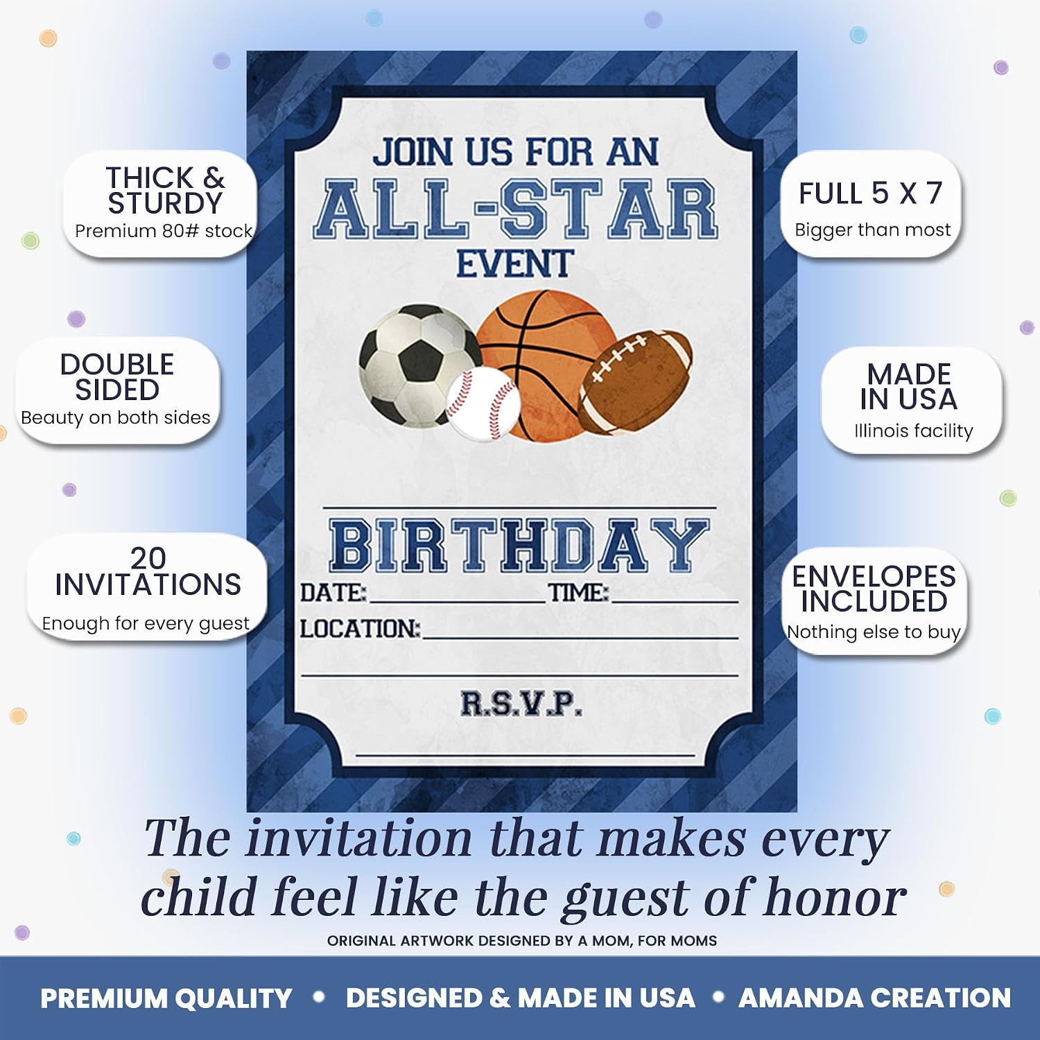 Blue All Star Sports-Themed Birthday Party Invitations for Boys, 20 5x7 Fill In Cards with Twenty White Envelopes by AmandaCreation