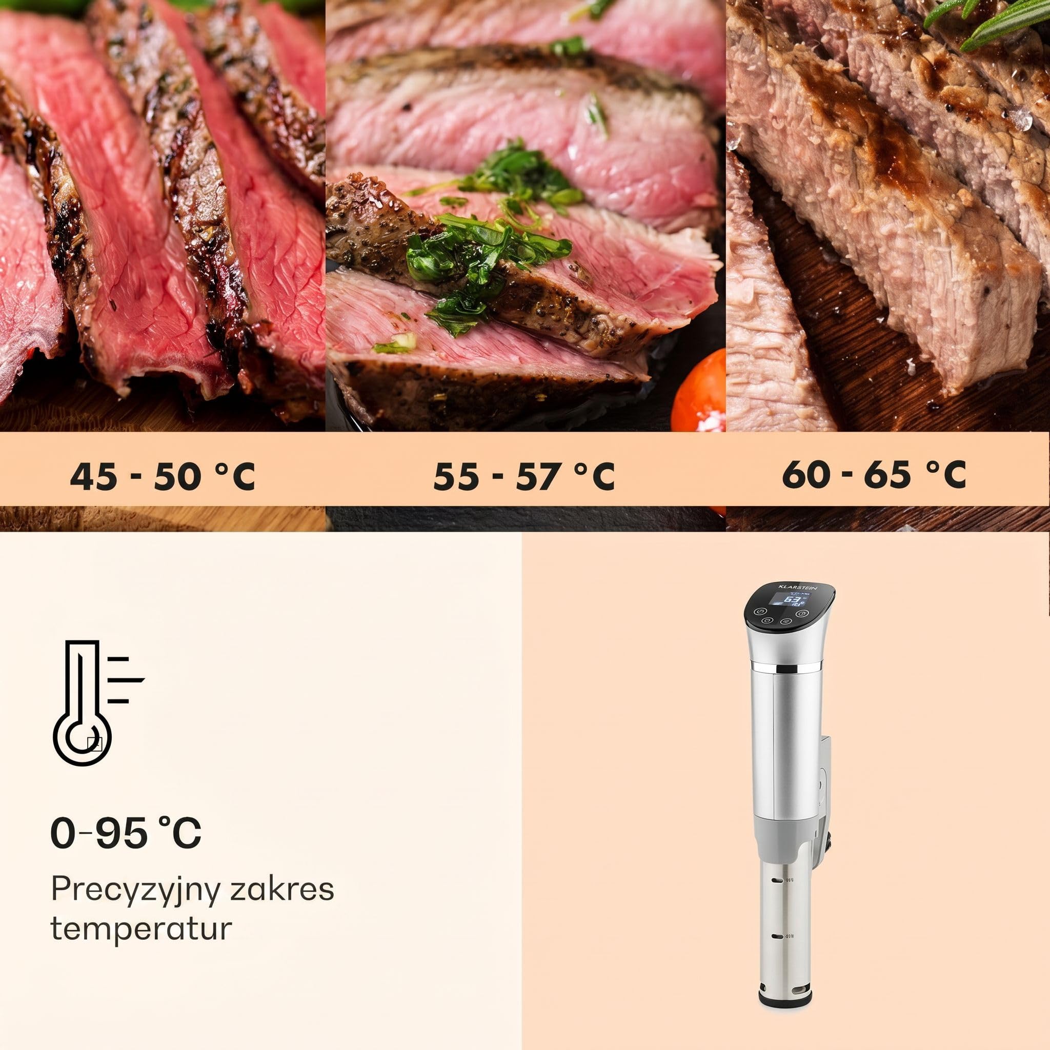 Klarstein Quickstick - Urządzenie sous-vide, Precyzyjny podgrzewacz, Wolnowar, 1300 W, Funkcja timera, 3D Circulating, 0-95 °C, Wyświetlacz dotykowy LCD, Wodoodporny, do 20 litrów, flex, srebrny