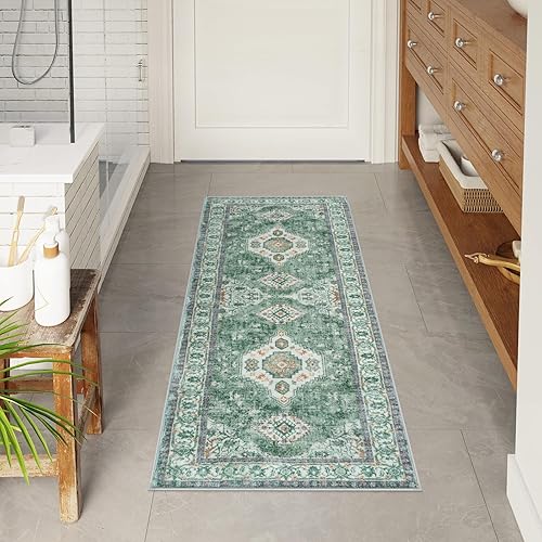 Miniatura 7 de Seavish Alfombra de baño verde de 20 x 47 pulgadas, vintage, bohemio, absorbente, antideslizante, lavable, para fregadero, ducha, tocador, bañera,