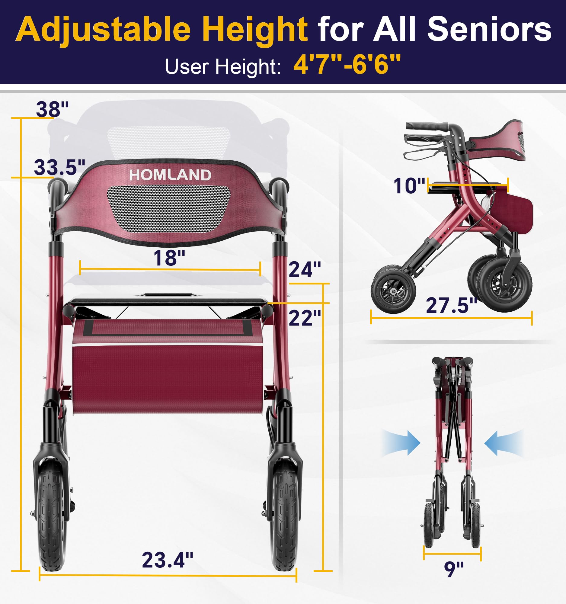 HOMLAND All-Terrain Rollator Walker with Seat for Seniors, Aluminum Frame — Amazon image 8