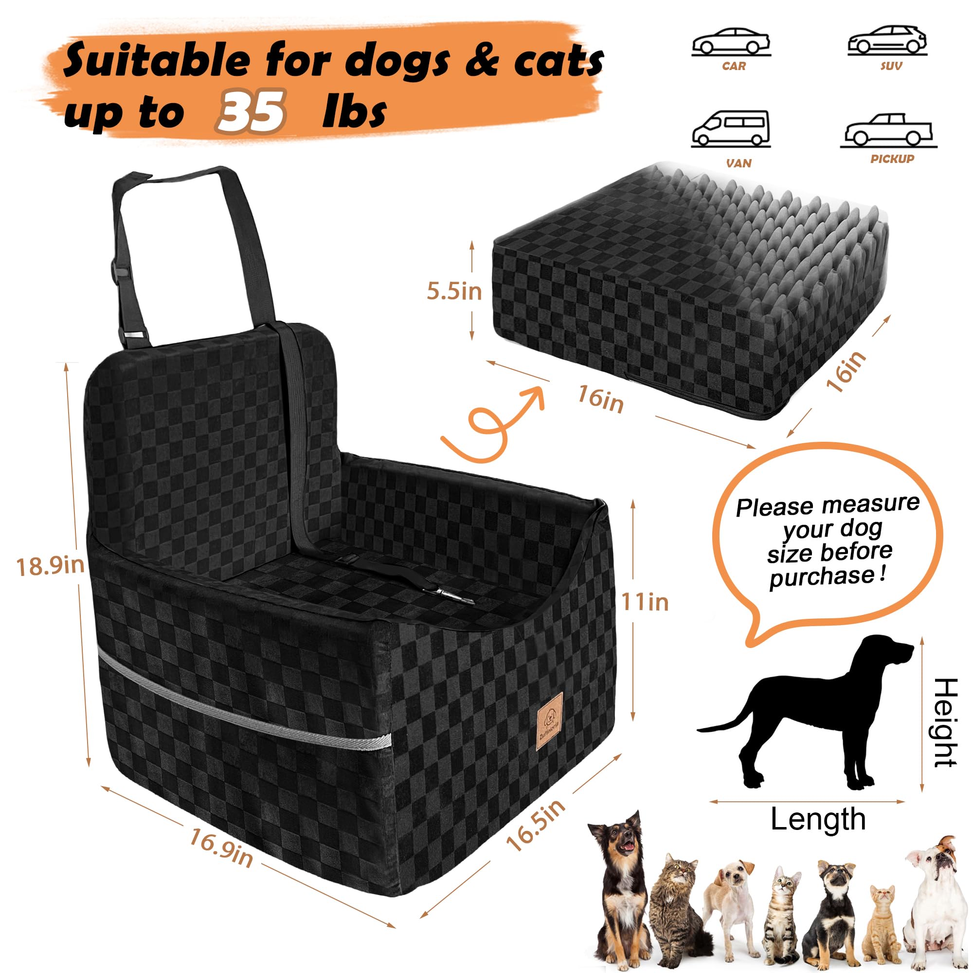 Dog Car Seat for Small and Medium Dogs Up to 35 lbs –Memory Foam Dog Booster Seat with Safety Leash & Storage Pockets, Fits Front & Back Car Seats, Removable Washable Cover – Black - image 2