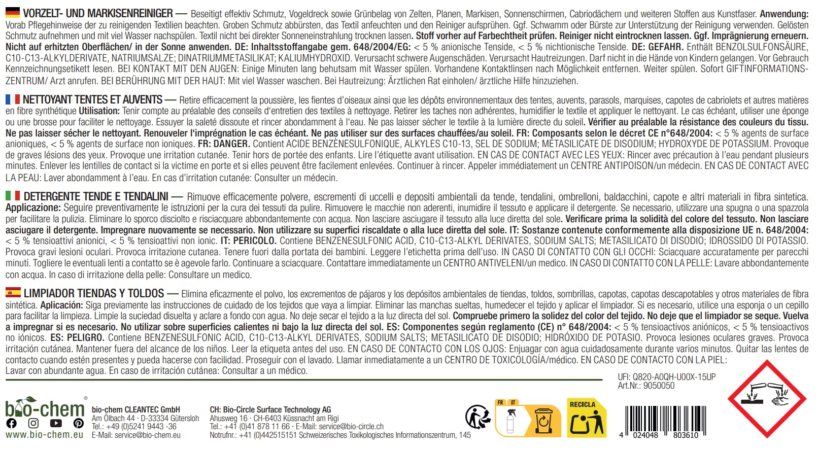Bio-Chem - Limpiador para toldos, capotas y techos de Tiendas - Producto para el Lavado de toldos, caravanas, techos de Coches - Producto Textil Respetuoso con el Medio Ambiente