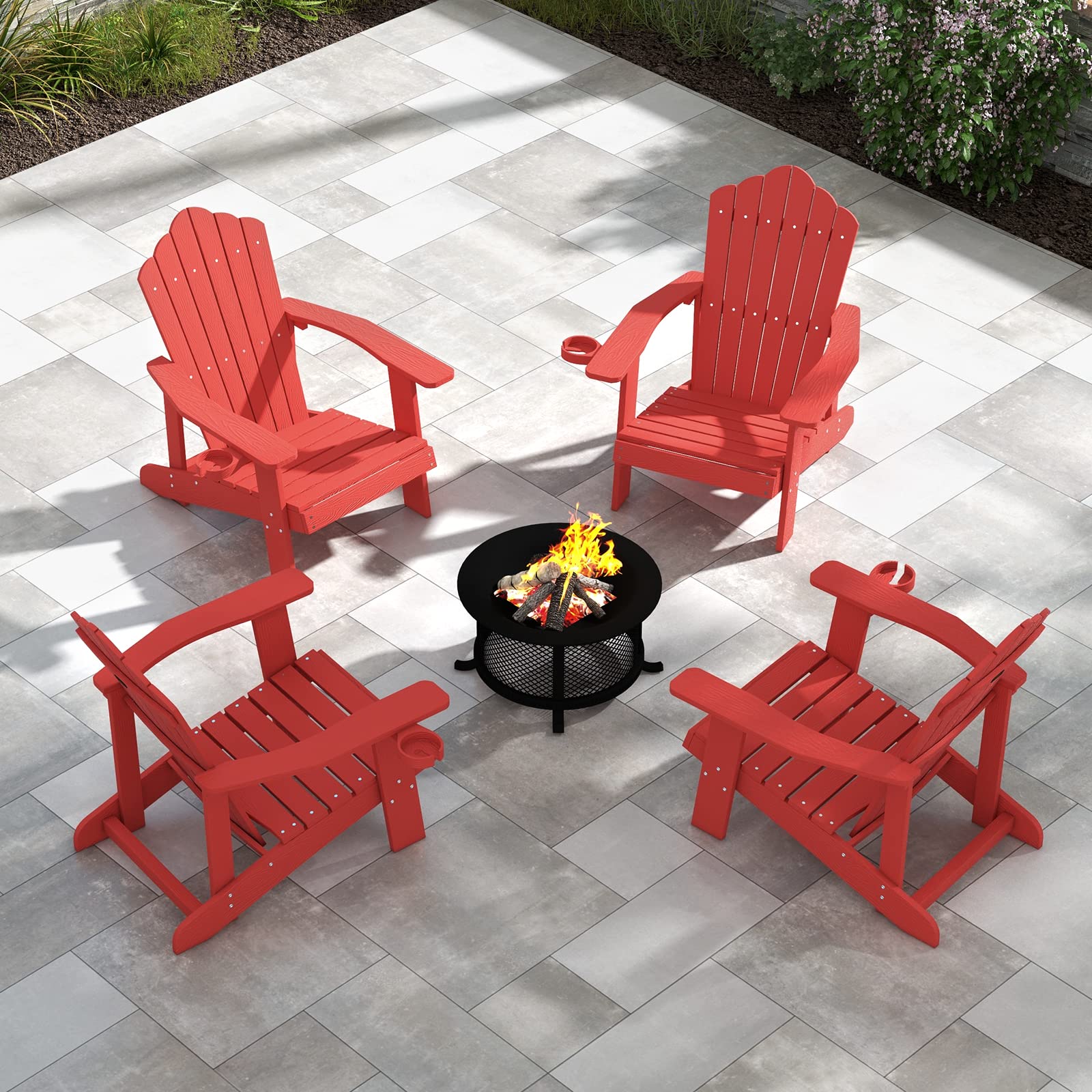 GOPLUS Adirondack Stuhl, Gartenstuhl ergonomisch mit Armlehnen, Hochlehner & Getränkehalter, Outdoor Stuhl wetterfest bis 150kg belastbar für Garten Hof Terrasse Balkon (Rot)