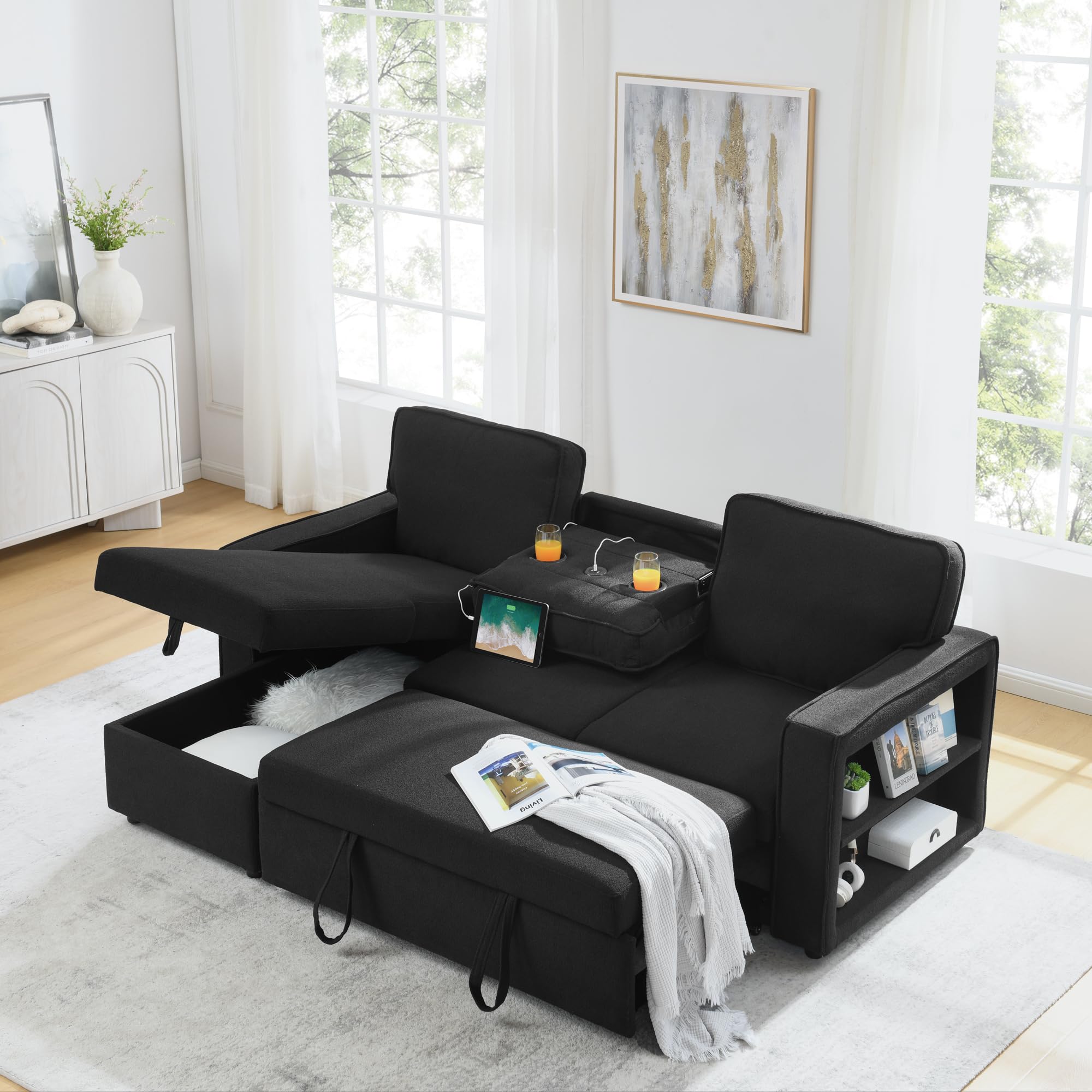 Amazon.com: L-Shaped Reversible Sleeper Sectional Sofa Soft Linen ...