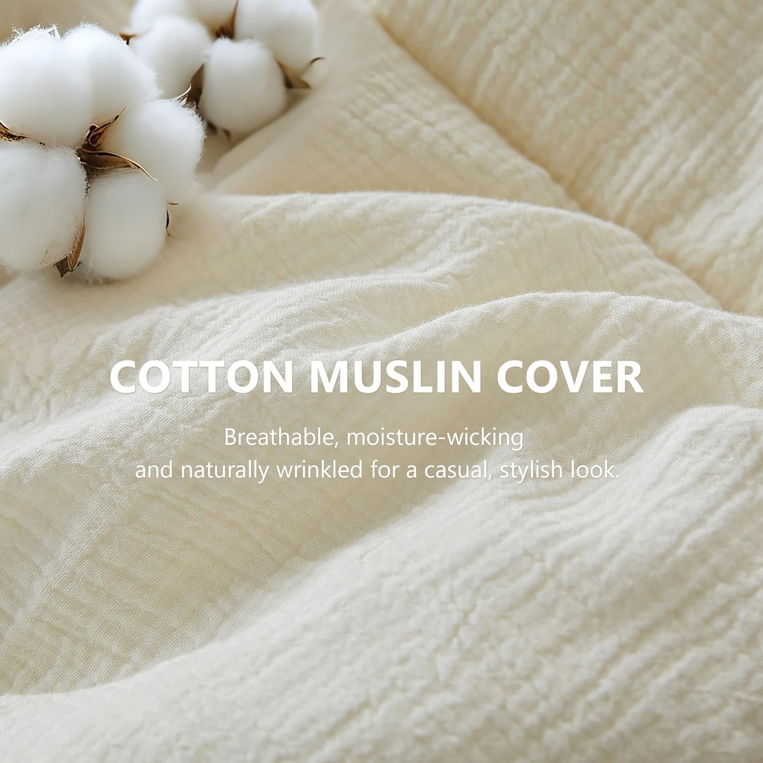 Simple&Opulence 100% Cotton Muslin Comforter Set Queen Size, 3PCS Washed Cotton Gauze Comforter, Soft Lightweight All Seasons Bedding Sets with 2 Pillow Shams(Cream,Queen)
