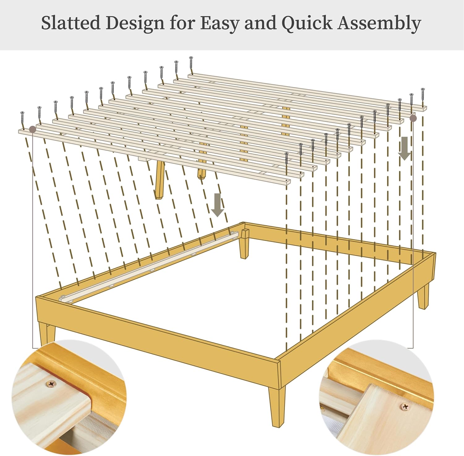 Diagram illustrating the installation of wooden slats onto the bed frame.