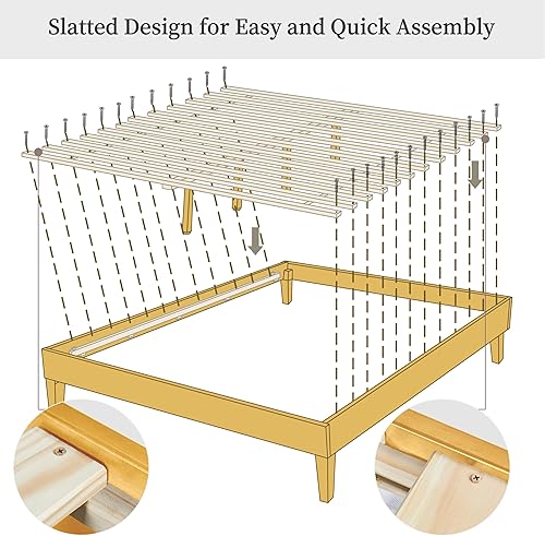 Miniatura 32 de Yaheetech Base de cama Queen con plataforma de madera maciza natural con soporte de listones de madera, espacio debajo de la cama de 12 pulgadas
