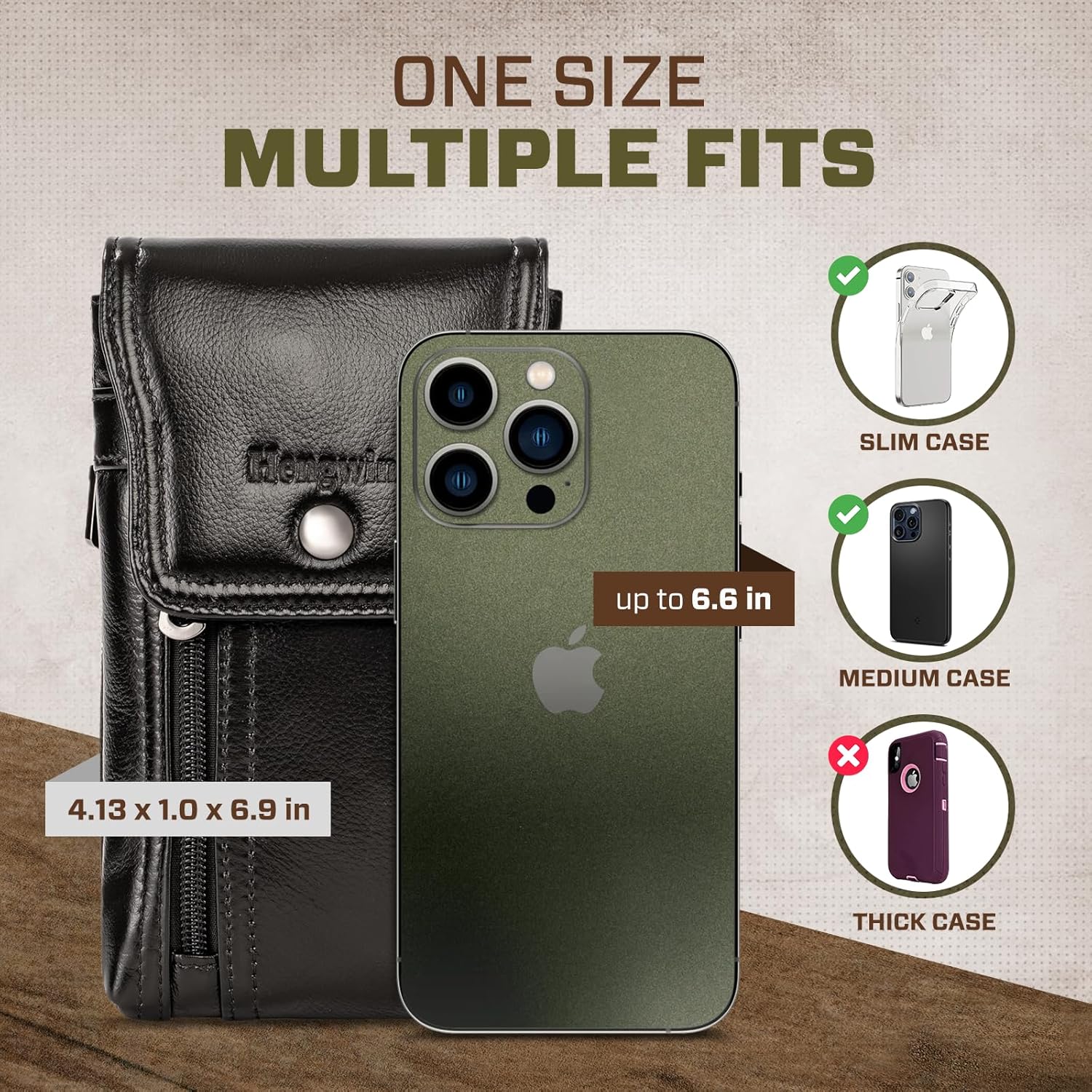 Hengwin Genuine Leather Belt Case Fits for iPhone 16 Plus 14 Plus 13 Pro Max 12 Pro Max Samsung Galaxy A54 S25 Ultra S24+ S23+ S22+ S20 FE Holster with Belt Clip Cell Phone Holder Belt Pouch (Black)