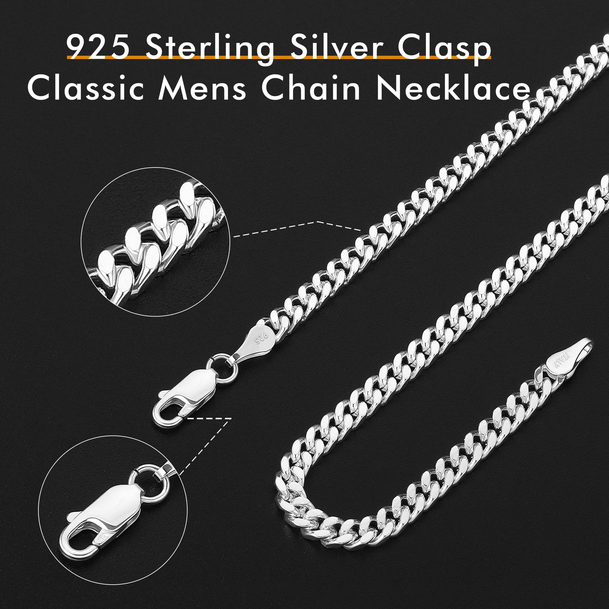 Cadena de eslabones cubanos con cierre de plata de ley 925 para hombre, 4 mm, corte de diamante, collar de cadena cubana de 16, 18, 20, 22, 24, 26, 28, 30 pulgadas