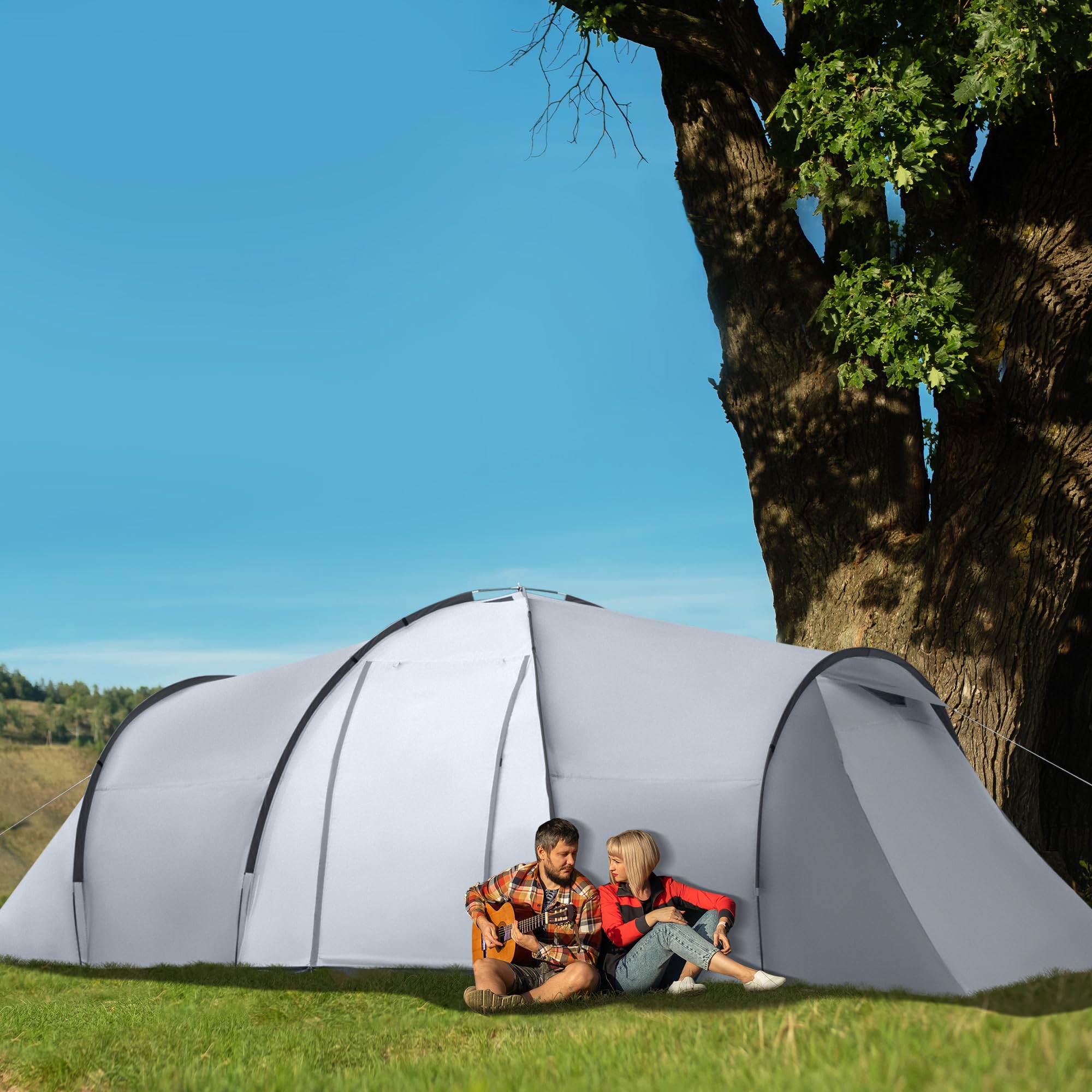 Outsunny Tienda de Campaña Familiar para 4-6 Personas Tienda de Camping Plegable Ligero con 2 Ventanas y Bolsa de Transporte Impermeable Anti-UV para Senderismo 590x245x193 cm Gris