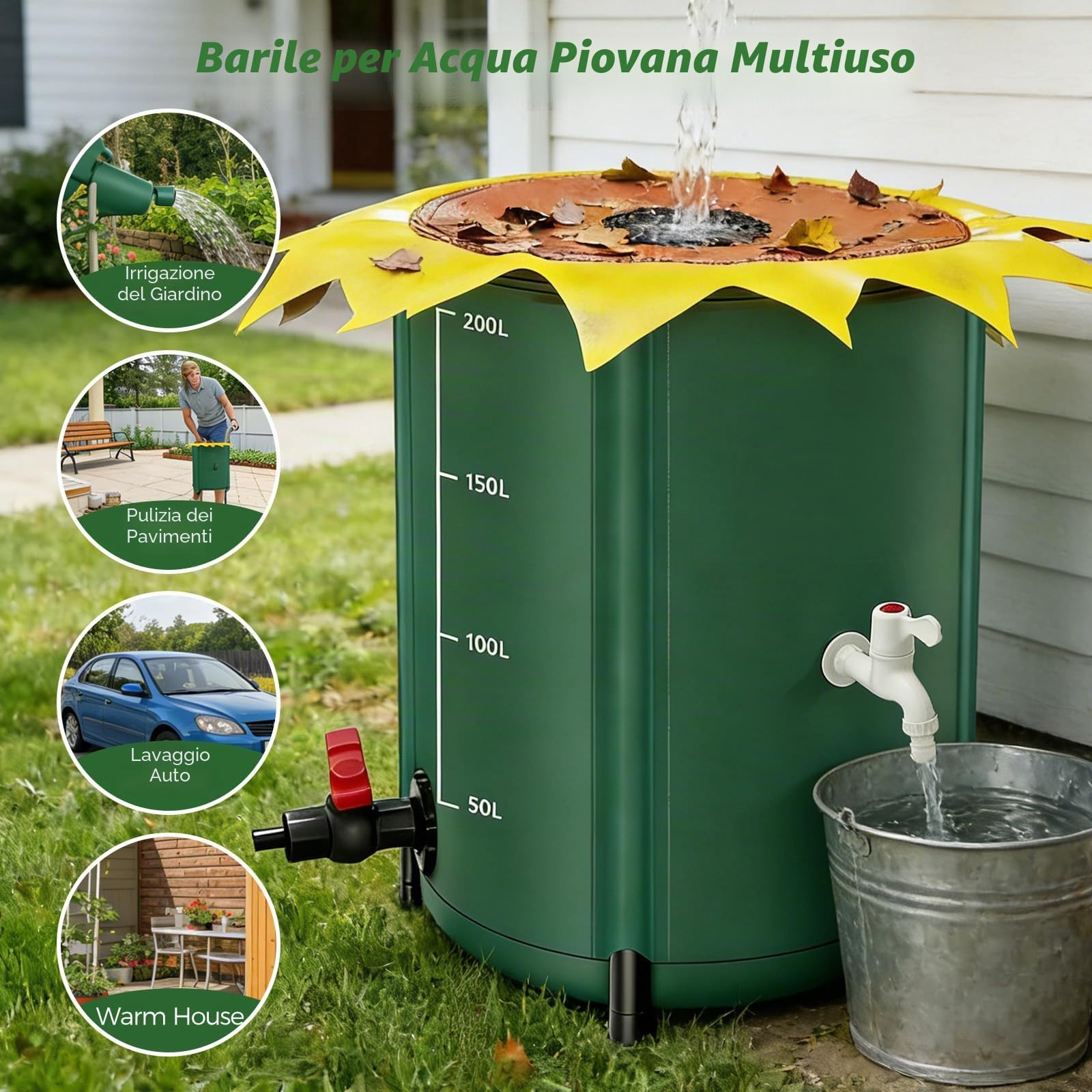 Cisterna pieghevole da 200 litri, a forma di fiore, serbatoio dell'acqua piovana con rubinetto, serbatoio dell'acqua piovana impermeabile con tappo e kit di troppopieno, serbatoio d'acqua da giardino