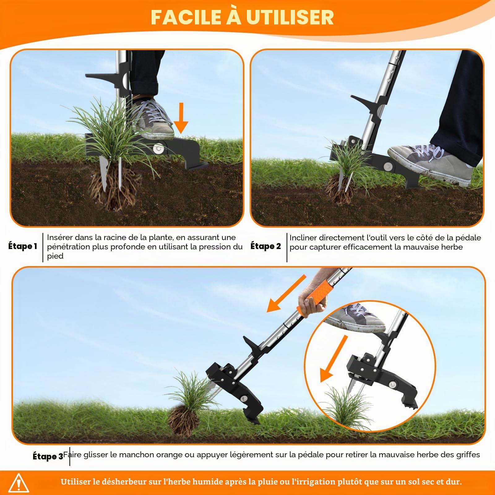 Desherbeur Manuel, Désherbeurs Manuels Debout avec 4 Griffes, Arrache Pissenlit avec Poignée Ergonomique de 99cm de Long, Outil Desherbage Mauvaise Herbe pour Le Jardin