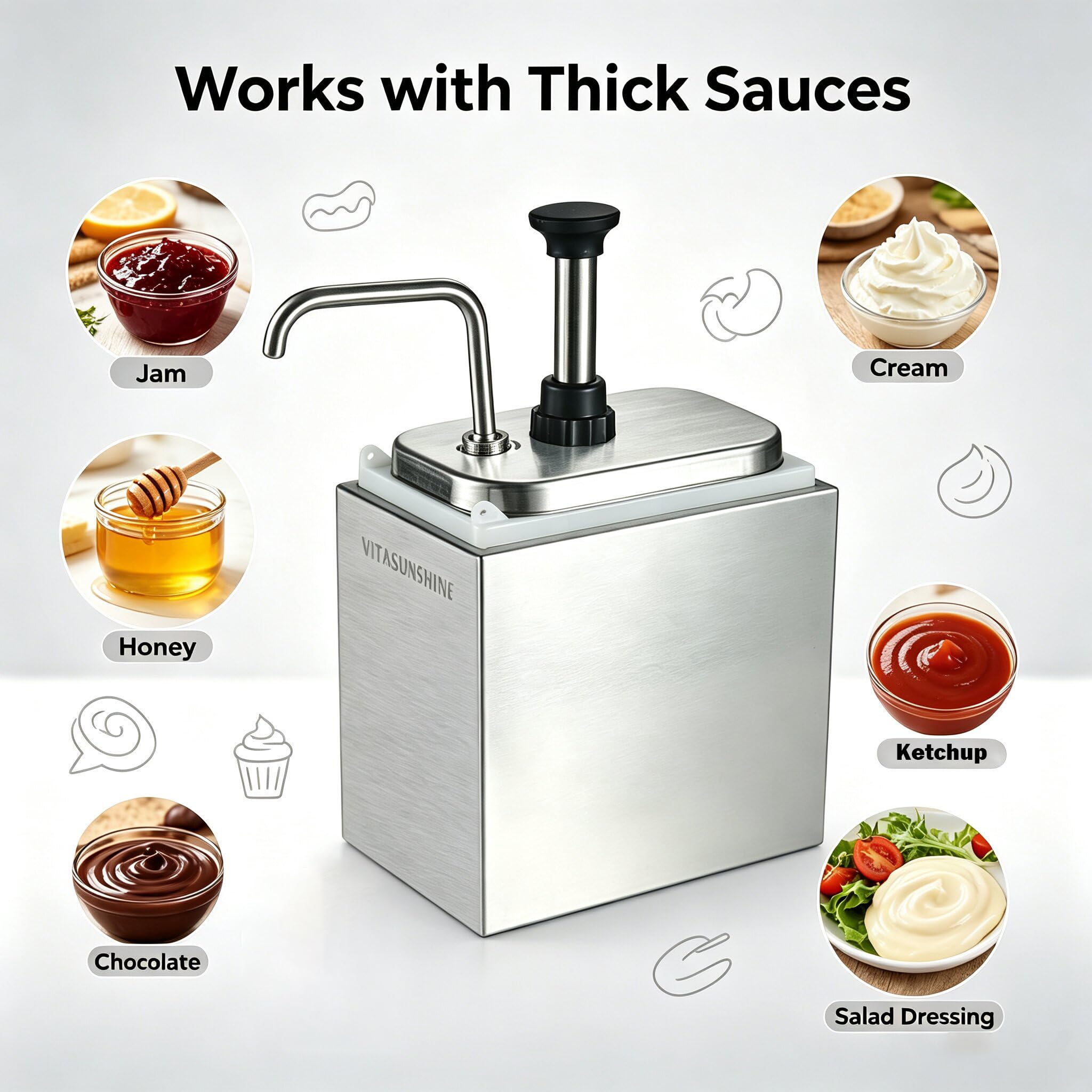 Pompe à sauce en acier inoxydable | Station de condiments de qualité alimentaire pour cuisine et restaurant | ketchup, vinaigrette, sauce soja, vinaigre, mayonnaise (JLT-1002S)