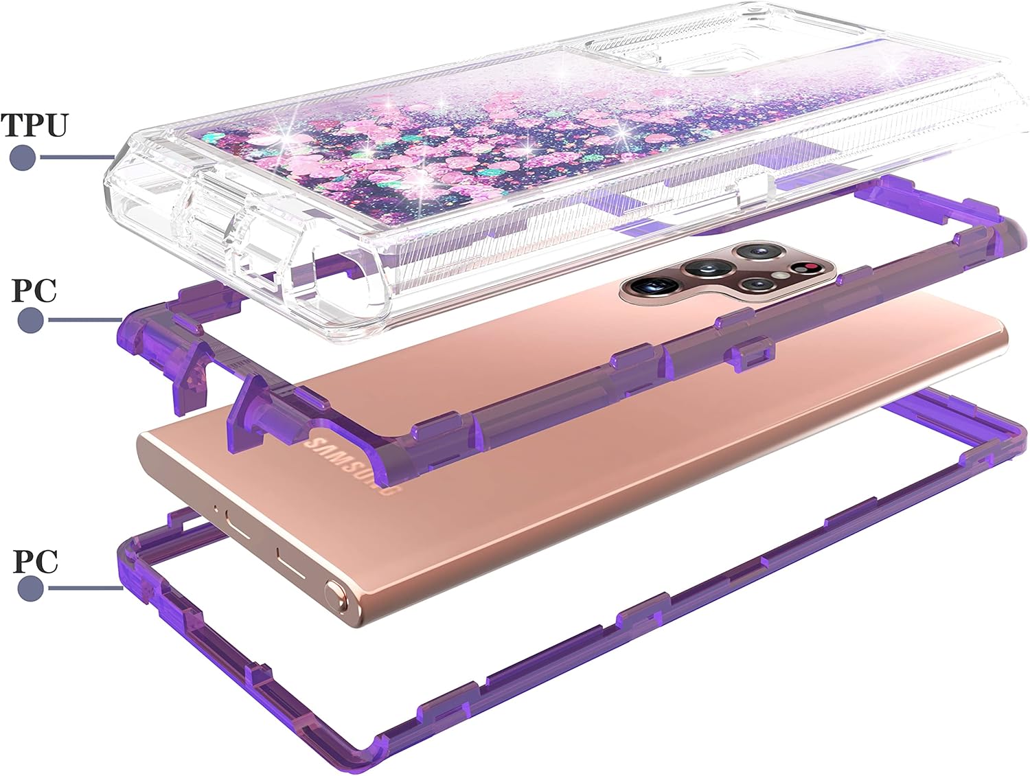 Asuwish Phone Case for Samsung Galaxy S23 Ultra 5G with Screen Protector Bling Liquid Glitter Clear Hybrid TPU Military Grade Protective Heavy Duty Cell Cover S23Ultra 23S S 23 23Ultra 6.8 inch Purple - Image 4