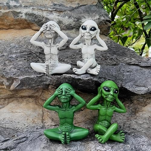 Miniatura 7 de Estatua de extraterrestre de Three Wise, Hear No Evil See No Evil Speak No Evil Alien Statue, figura de alienígena OVNI de ciencia ficción, 3