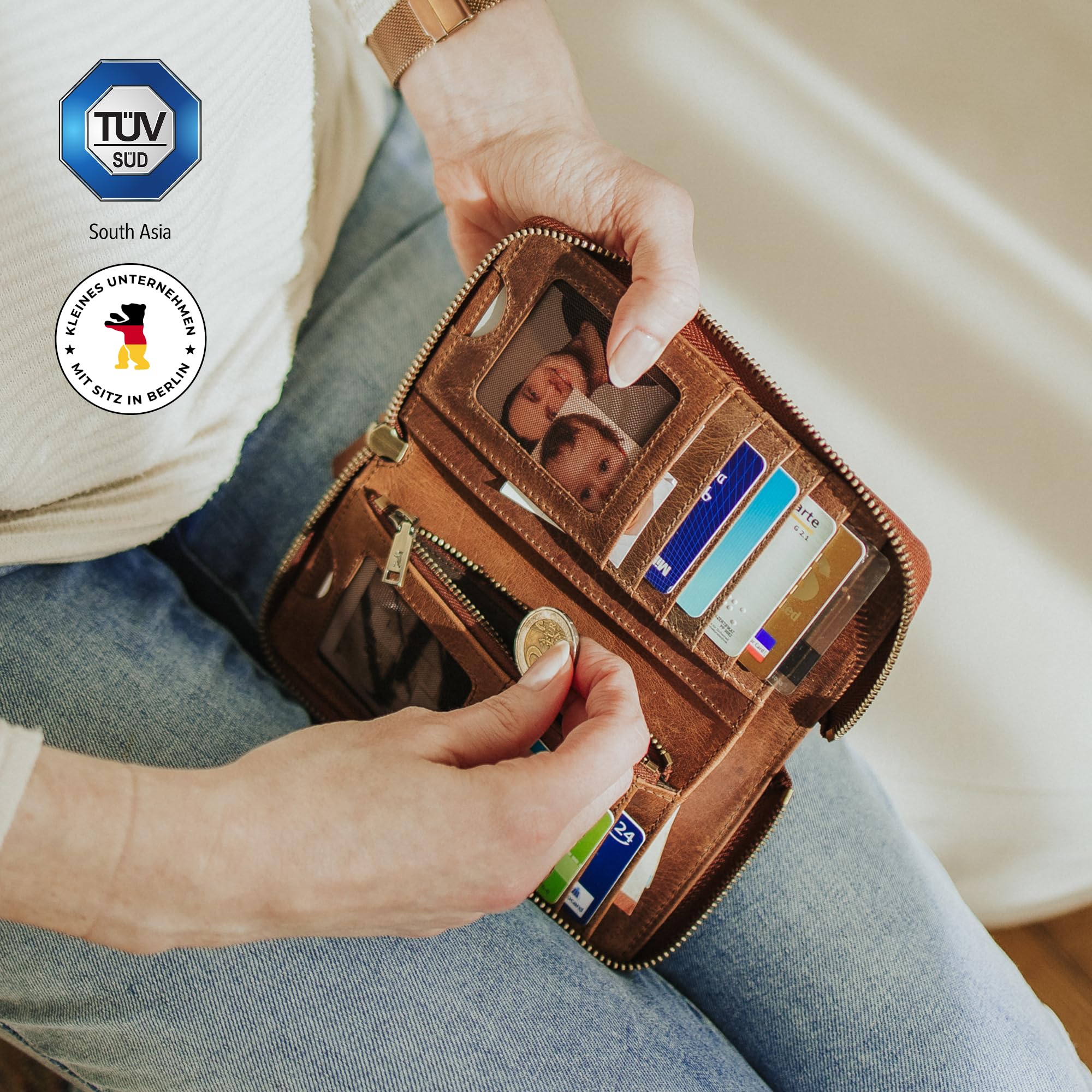 Berliner Bags Vintage Geldbörse Greta, Großes Damen Portemonnaie aus Leder, Brieftasche Geldbeutel mit RFID-Schutz, umlaufendem Reißverschluss & Münzfach für Damen – Braun