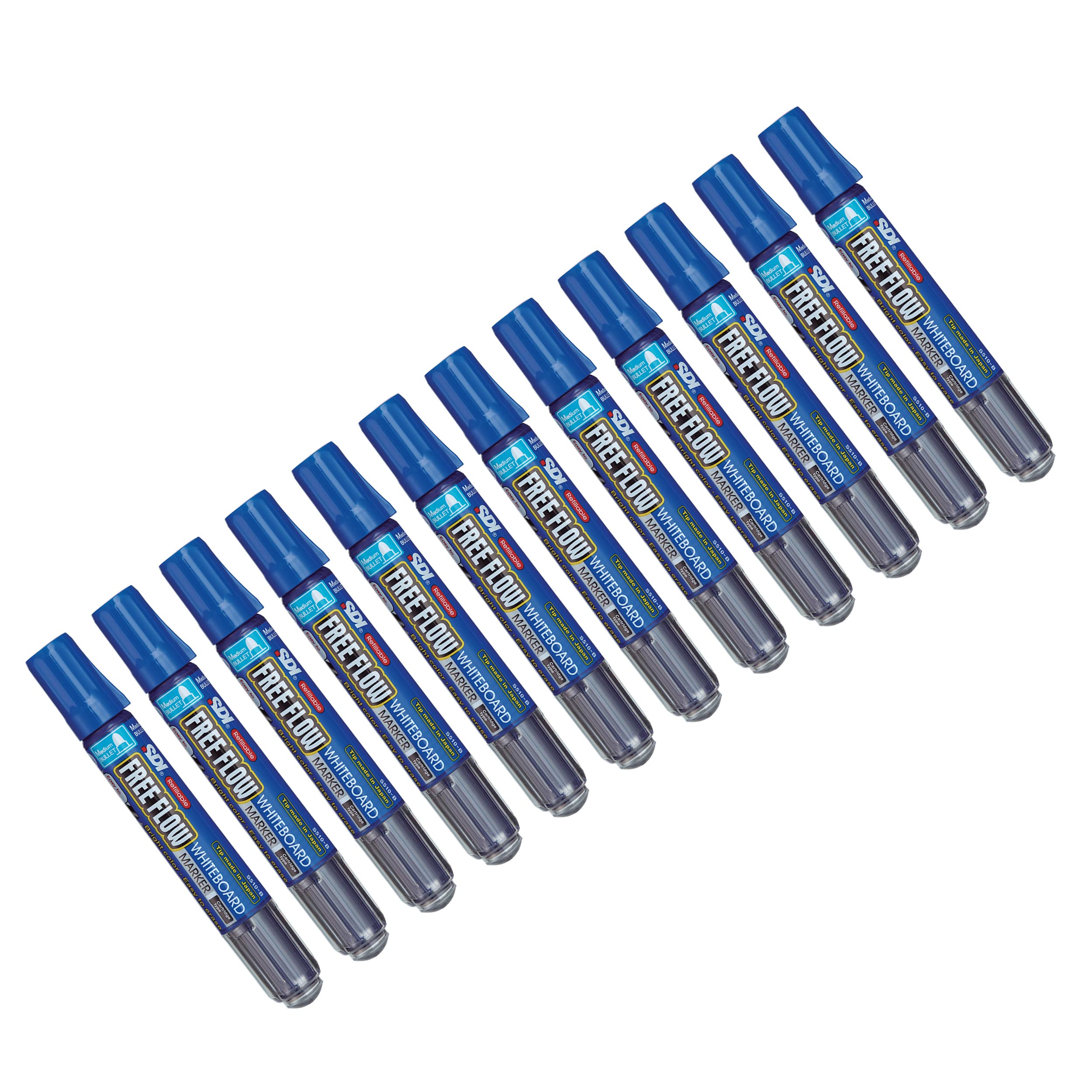 office box Pack 12 Rotulador AZUL para Pizarra Blanca FREE FLOW PREMIUM - REF.S510 - Recargable - 2.3 MM - Eco - Punta Cónica - Calidad SDI (12 Ud – Azul)