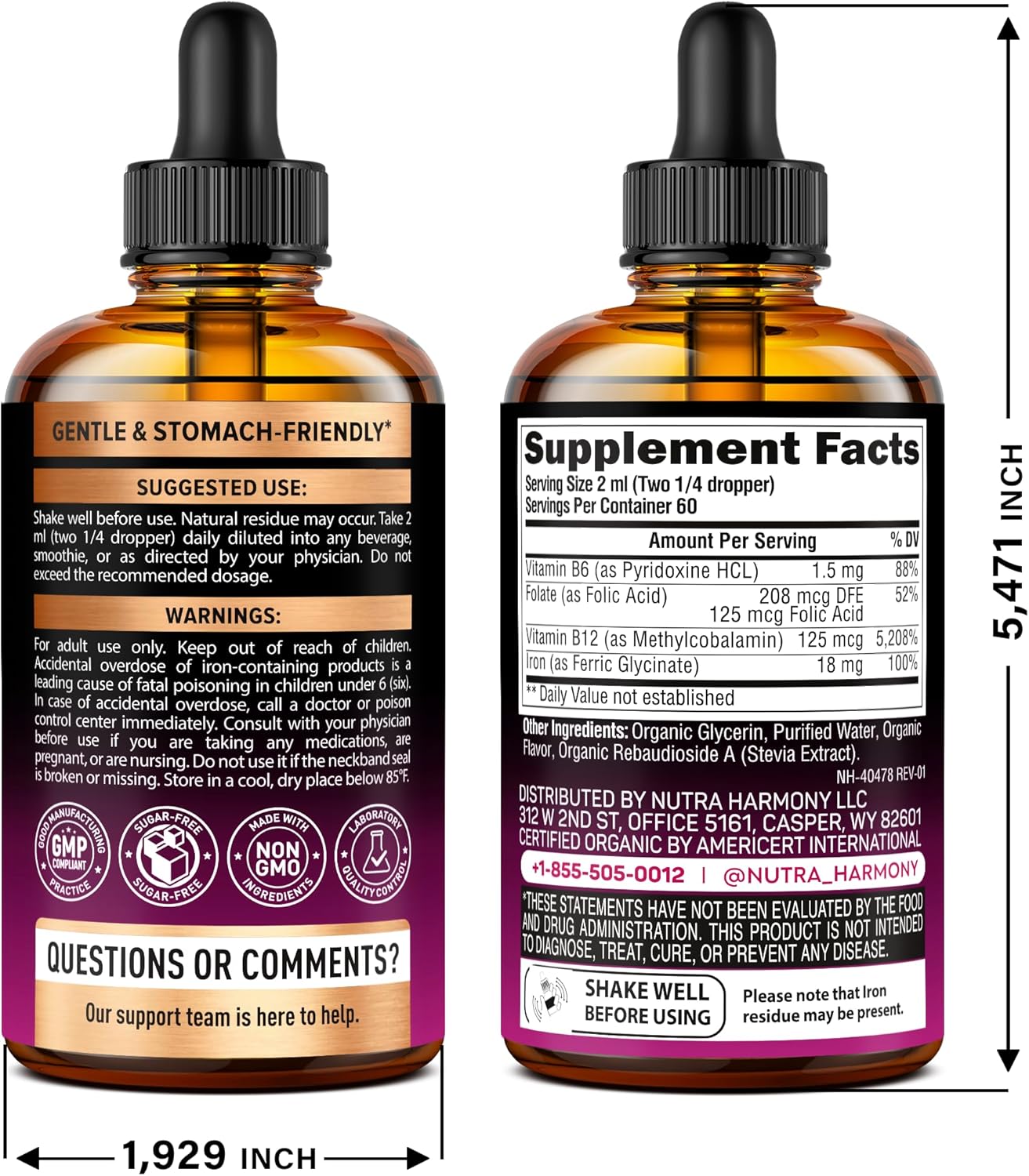 Liquid Iron Supplement for Women 18 mg - USDA Organic Drops, USA-Made - with Folate, Vitamin B12 & B6 - Iron Level & Energy - Gentle & High Absorption Glycinate Form - Cherry Flavor, Sugar-Free, 4 oz - Image 10