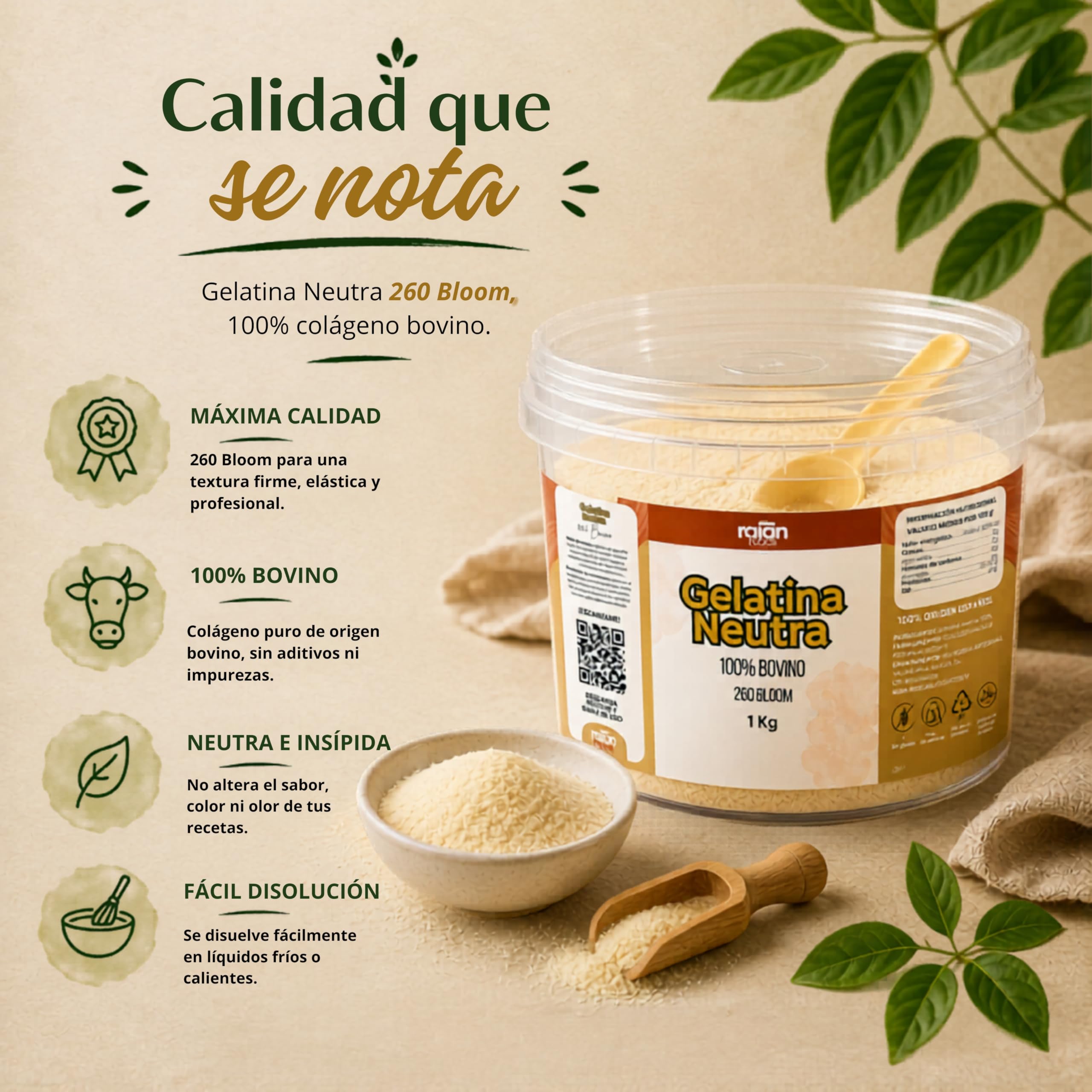 RAIAN FOODS® Gelatina Neutra en Polvo 100% Bovino 1kg 260 BLOOM Halal + Dosificador 30 ml + QR con Recetario y Contenido Exclusivo | Sin Sabor para Repostería y Cocina, Sin Azúcar, Sin Lactosa