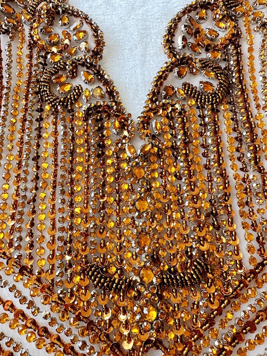 Handsewing Beads Sequins Rhinestones Large lace Applique Handmade shin Crystal Trim Patches Accessories for Dress Clothes (Brown)