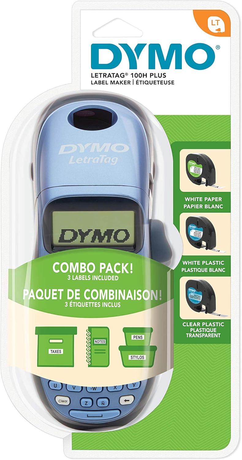 Dymo LetraTag LT-100H Label Maker Starter Kit | Handheld Label Maker Machine | with Plastic, Paper & Clear Label Tape | Ideal for Office or Home